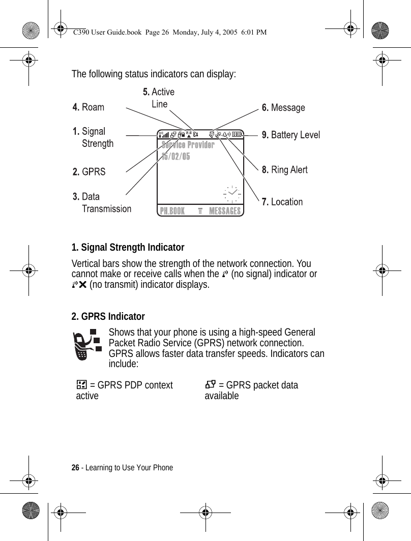 26 - Learning to Use Your PhoneThe following status indicators can display:1. Signal Strength IndicatorVertical bars show the strength of the network connection. You cannot make or receive calls when the 0 (no signal) indicator or 0&gt; (no transmit) indicator displays.2. GPRS IndicatorShows that your phone is using a high-speed General Packet Radio Service (GPRS) network connection. GPRS allows faster data transfer speeds. Indicators can include:Å= GPRS PDP context activeÇ= GPRS packet data availableC390 User Guide.book  Page 26  Monday, July 4, 2005  6:01 PM