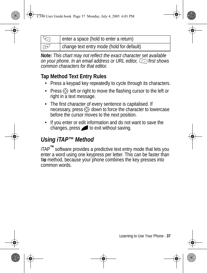 Learning to Use Your Phone - 37Note: This chart may not reflect the exact character set available on your phone. In an email address or URL editor, 1 first shows common characters for that editor.Tap Method Text Entry Rules•Press a keypad key repeatedly to cycle through its characters.•Press S left or right to move the flashing cursor to the left or right in a text message.•The first character of every sentence is capitalised. If necessary, press S down to force the character to lowercase before the cursor moves to the next position.•If you enter or edit information and do not want to save the changes, press O to exit without saving.Using iTAP™ MethodiTAP™ software provides a predictive text entry mode that lets you enter a word using one keypress per letter. This can be faster than Tap method, because your phone combines the key presses into common words.*enter a space (hold to enter a return)#change text entry mode (hold for default)C390 User Guide.book  Page 37  Monday, July 4, 2005  6:01 PM