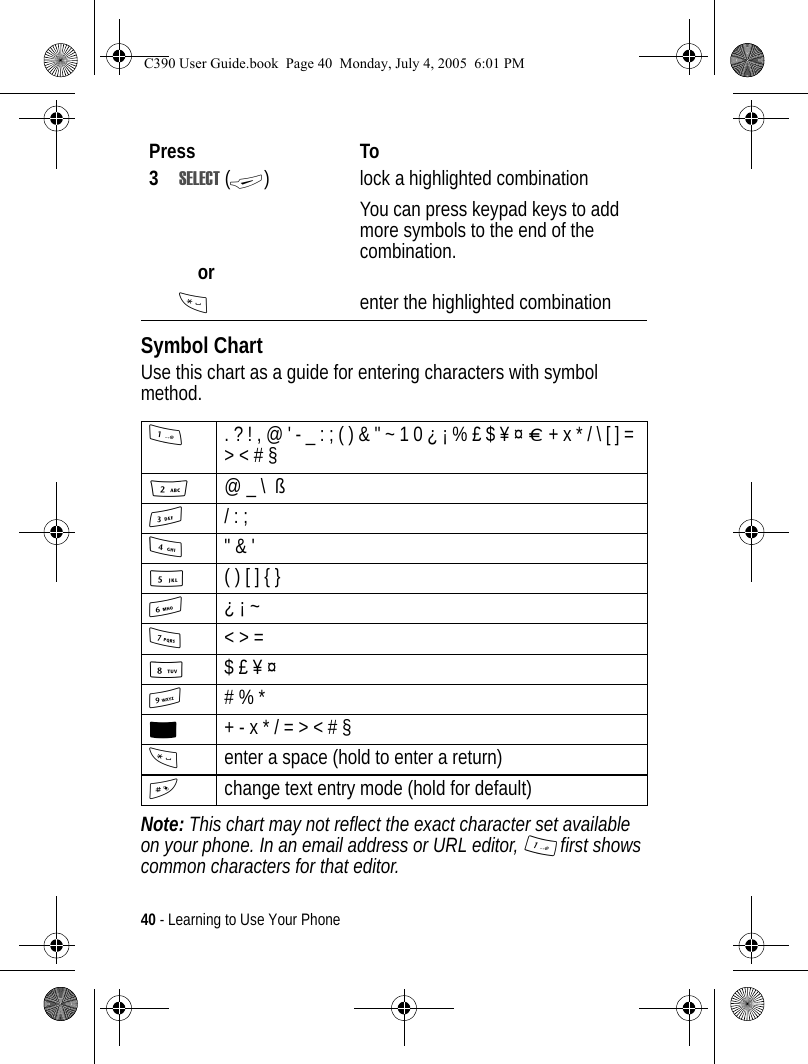 40 - Learning to Use Your PhoneSymbol ChartUse this chart as a guide for entering characters with symbol method.Note: This chart may not reflect the exact character set available on your phone. In an email address or URL editor, 1 first shows common characters for that editor.3SELECT (+)orlock a highlighted combinationYou can press keypad keys to add more symbols to the end of the combination.*enter the highlighted combination1. ? ! , @ &apos; - _ : ; ( ) &amp; &quot; ~ 1 0 ¿ ¡ % £ $ ¥ ¤ £ + x * / \ [ ] = &gt; &lt; # § 2@ _ \ ß3/ : ;4&quot; &amp; &apos;5( ) [ ] { }6¿ ¡ ~7&lt; &gt; =8$ £ ¥ ¤9# % *0+ - x * / = &gt; &lt; # § *enter a space (hold to enter a return)#change text entry mode (hold for default)Press ToC390 User Guide.book  Page 40  Monday, July 4, 2005  6:01 PM