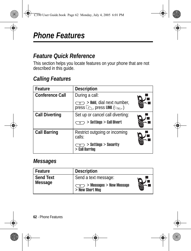 62 - Phone FeaturesPhone FeaturesFeature Quick ReferenceThis section helps you locate features on your phone that are not described in this guide. Calling FeaturesMessagesFeature DescriptionConference Call During a call:M&gt;Hold, dial next number, press N, press LINK (-)Call Diverting Set up or cancel call diverting:M &gt; Settings &gt; Call DivertCall Barring Restrict outgoing or incoming calls:M &gt; Settings &gt; Security &gt;Call BarringFeature DescriptionSend Text Message Send a text message:M &gt; Messages &gt; New Message &gt;New Short MsgC390 User Guide.book  Page 62  Monday, July 4, 2005  6:01 PM