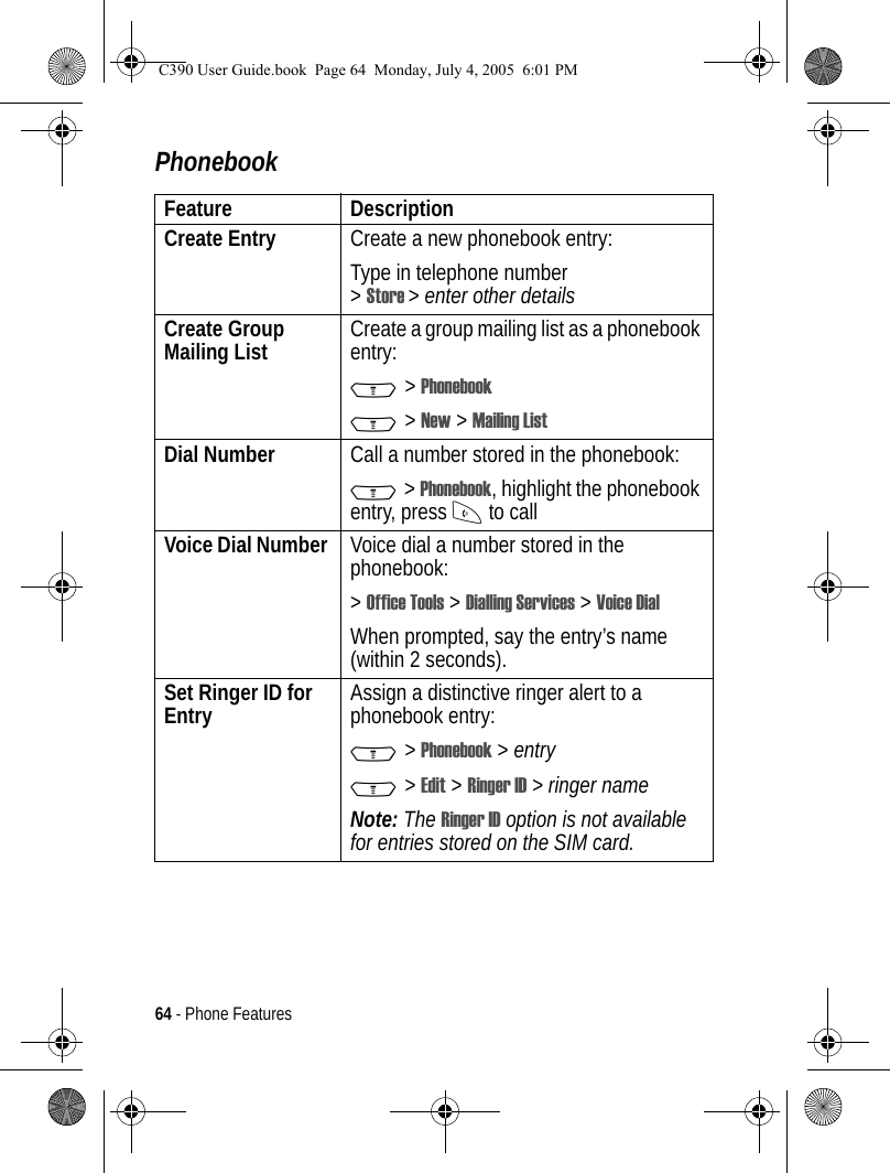 64 - Phone FeaturesPhonebookFeature DescriptionCreate Entry Create a new phonebook entry:Type in telephone number &gt;Store &gt; enter other detailsCreate Group Mailing List Create a group mailing list as a phonebook entry:M &gt; PhonebookM &gt; New &gt; Mailing ListDial Number Call a number stored in the phonebook:M &gt; Phonebook, highlight the phonebook entry, press N to callVoice Dial Number  Voice dial a number stored in the phonebook:&gt;Office Tools &gt; Dialling Services &gt; Voice DialWhen prompted, say the entry’s name (within 2 seconds).Set Ringer ID for Entry Assign a distinctive ringer alert to a phonebook entry:M &gt; Phonebook &gt; entryM &gt; Edit &gt; Ringer ID &gt; ringer nameNote: The Ringer ID option is not available for entries stored on the SIM card.C390 User Guide.book  Page 64  Monday, July 4, 2005  6:01 PM