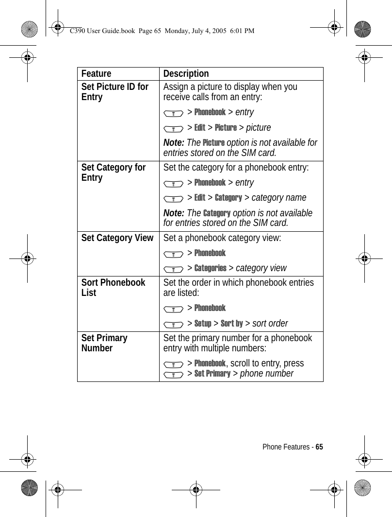 Phone Features - 65Set Picture ID for Entry Assign a picture to display when you receive calls from an entry:M &gt; Phonebook &gt; entryM &gt; Edit &gt; Picture &gt; pictureNote: The Picture option is not available for entries stored on the SIM card.Set Category for Entry Set the category for a phonebook entry:M &gt; Phonebook &gt; entryM &gt; Edit &gt; Category &gt; category name Note: The Category option is not available for entries stored on the SIM card.Set Category View Set a phonebook category view:M &gt; PhonebookM &gt; Categories &gt; category viewSort Phonebook List  Set the order in which phonebook entries are listed:M &gt; PhonebookM &gt; Setup &gt; Sort by &gt; sort orderSet Primary Number  Set the primary number for a phonebook entry with multiple numbers:M &gt; Phonebook, scroll to entry, press M &gt; Set Primary &gt; phone numberFeature DescriptionC390 User Guide.book  Page 65  Monday, July 4, 2005  6:01 PM