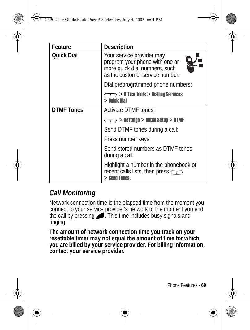 Phone Features - 69Call MonitoringNetwork connection time is the elapsed time from the moment you connect to your service provider&apos;s network to the moment you end the call by pressing O. This time includes busy signals and ringing.The amount of network connection time you track on your resettable timer may not equal the amount of time for which you are billed by your service provider. For billing information, contact your service provider.Quick Dial  Your service provider may program your phone with one or more quick dial numbers, such as the customer service number. Dial preprogrammed phone numbers:M &gt; Office Tools &gt; Dialling Services &gt;Quick DialDTMF Tones  Activate DTMF tones:M &gt; Settings &gt; Initial Setup &gt; DTMFSend DTMF tones during a call:Press number keys.Send stored numbers as DTMF tones during a call:Highlight a number in the phonebook or recent calls lists, then press M &gt;Send Tones.Feature DescriptionC390 User Guide.book  Page 69  Monday, July 4, 2005  6:01 PM