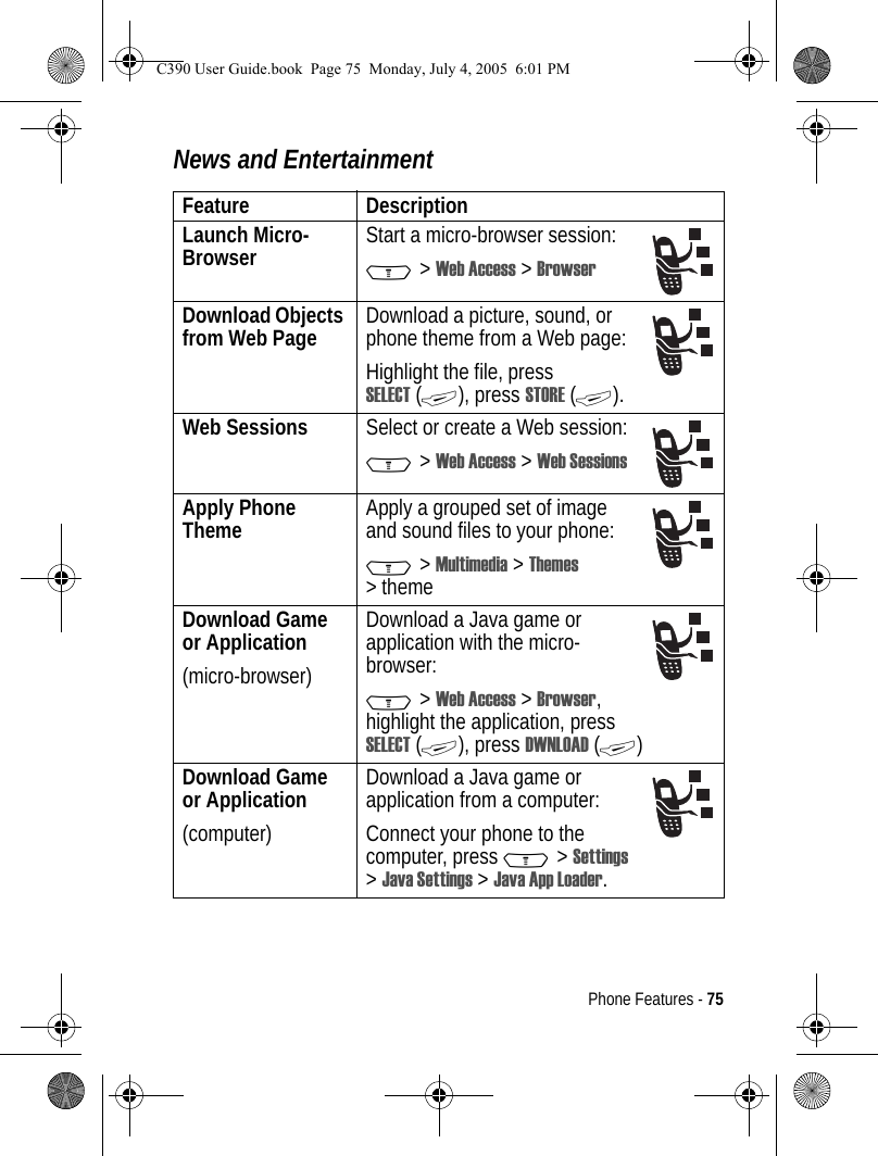 Phone Features - 75News and EntertainmentFeature DescriptionLaunch Micro-Browser Start a micro-browser session:M &gt; Web Access &gt; BrowserDownload Objects from Web Page Download a picture, sound, or phone theme from a Web page:Highlight the file, press SELECT (+), press STORE (+).Web Sessions  Select or create a Web session:M &gt; Web Access &gt; Web SessionsApply Phone Theme Apply a grouped set of image and sound files to your phone:M &gt; Multimedia &gt; Themes &gt; themeDownload Game or Application(micro-browser)Download a Java game or application with the micro-browser:M &gt; Web Access &gt; Browser, highlight the application, press SELECT (+), press DWNLOAD (+)Download Game or Application(computer)Download a Java game or application from a computer:Connect your phone to the computer, press M &gt; Settings &gt;Java Settings &gt; Java App Loader.C390 User Guide.book  Page 75  Monday, July 4, 2005  6:01 PM