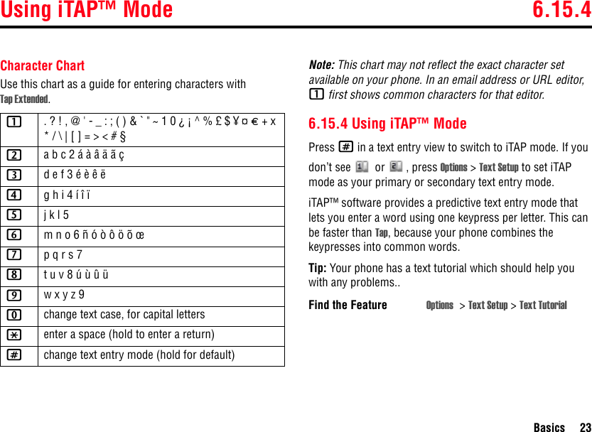 Using iTAP™ Mode 6.15.4Basics 23Character ChartUse this chart as a guide for entering characters with Tap Extended.Note: This chart may not reflect the exact character set available on your phone. In an email address or URL editor, 1 first shows common characters for that editor.6.15.4 Using iTAP™ ModePress # in a text entry view to switch to iTAP mode. If you don’t see   or  , press Options &gt; Text Setup to set iTAP mode as your primary or secondary text entry mode.iTAP™ software provides a predictive text entry mode that lets you enter a word using one keypress per letter. This can be faster than Tap, because your phone combines the keypresses into common words.Tip: Your phone has a text tutorial which should help you with any problems..1. ? ! , @ &apos; - _ : ; ( ) &amp; ` &quot; ~ 1 0 ¿ ¡ ^ % £ $ ¥ ¤ £ + x * / \ | [ ] = &gt; &lt; # § 2a b c 2 á à â ä ã ç3d e f 3 é è ê ë4g h i 4 í î ï 5j k l 5 6m n o 6 ñ ó ò ô ö õ œ 7p q r s 7 8t u v 8 ú ù û ü9w x y z 9 0change text case, for capital letters*enter a space (hold to enter a return)#change text entry mode (hold for default)Find the Feature Options &gt;Text Setup &gt; Text Tutorial