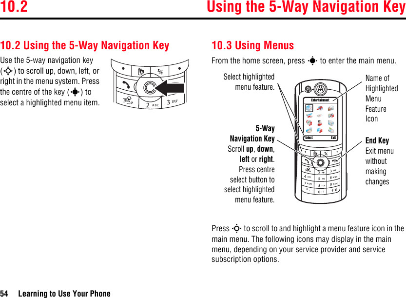 10.2 Using the 5-Way Navigation Key54 Learning to Use Your Phone10.2 Using the 5-Way Navigation KeyUse the 5-way navigation key (S) to scroll up, down, left, or right in the menu system. Press the centre of the key (s) to select a highlighted menu item.10.3 Using MenusFrom the home screen, press s to enter the main menu.Press S to scroll to and highlight a menu feature icon in the main menu. The following icons may display in the main menu, depending on your service provider and service subscription options.Select ExitEntertainmentSelect highlightedmenu feature.5-WayNavigation KeyScroll up, down,left or right.Press centreselect button toselect highlightedmenu feature.End KeyExit menu without making changesName of Highlighted Menu Feature Icon