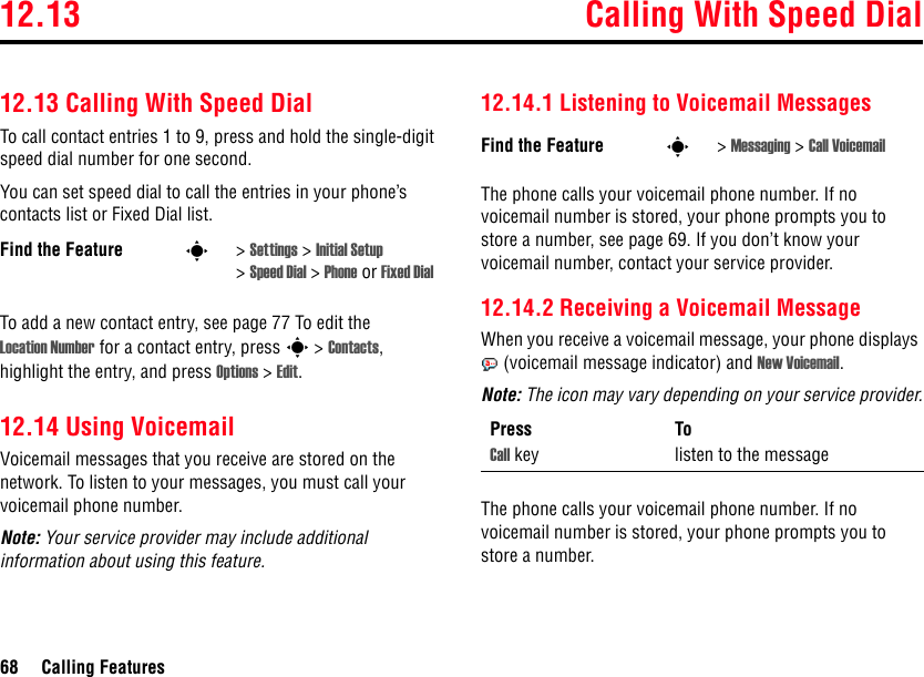 12.13 Calling With Speed Dial68 Calling Features12.13 Calling With Speed DialTo call contact entries 1 to 9, press and hold the single-digit speed dial number for one second.You can set speed dial to call the entries in your phone’s contacts list or Fixed Dial list.To add a new contact entry, see page 77 To edit the Location Number for a contact entry, press s &gt; Contacts, highlight the entry, and press Options &gt; Edit.12.14 Using VoicemailVoicemail messages that you receive are stored on the network. To listen to your messages, you must call your voicemail phone number.Note: Your service provider may include additional information about using this feature.12.14.1 Listening to Voicemail MessagesThe phone calls your voicemail phone number. If no voicemail number is stored, your phone prompts you to store a number, see page 69. If you don’t know your voicemail number, contact your service provider.12.14.2 Receiving a Voicemail MessageWhen you receive a voicemail message, your phone displays  (voicemail message indicator) and New Voicemail.Note: The icon may vary depending on your service provider.The phone calls your voicemail phone number. If no voicemail number is stored, your phone prompts you to store a number.Find the Feature s&gt;Settings &gt; Initial Setup &gt;Speed Dial &gt; Phone or Fixed DialFind the Feature s&gt;Messaging &gt; Call VoicemailPress ToCall key listen to the message