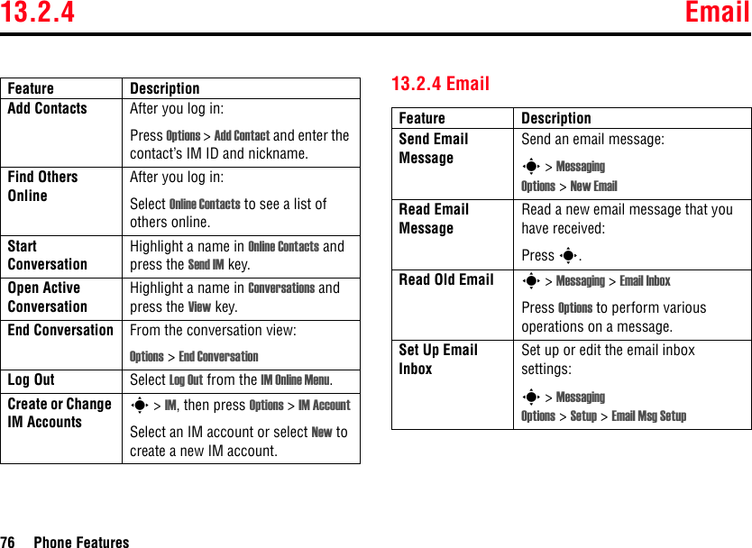 13.2.4 Email76 Phone Features13.2.4 EmailAdd Contacts After you log in:Press Options &gt; Add Contact and enter the contact’s IM ID and nickname.Find Others OnlineAfter you log in:Select Online Contacts to see a list of others online.Start ConversationHighlight a name in Online Contacts and press the Send IM key.Open Active ConversationHighlight a name in Conversations and press the View key.End Conversation From the conversation view:Options &gt; End ConversationLog Out Select Log Out from the IM Online Menu.Create or Change IM Accountss &gt; IM, then press Options &gt; IM AccountSelect an IM account or select New to create a new IM account.Feature DescriptionFeature DescriptionSend Email Message Send an email message:s &gt; Messaging Options &gt; New EmailRead Email Message Read a new email message that you have received:Press s.Read Old Email s &gt; Messaging &gt; Email InboxPress Options to perform various operations on a message.Set Up Email InboxSet up or edit the email inbox settings:s &gt; Messaging Options &gt;Setup &gt; Email Msg Setup