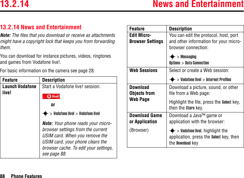 13.2.14 News and Entertainment88 Phone Features13.2.14 News and EntertainmentNote: The files that you download or receive as attachments might have a copyright lock that keeps you from forwarding them.You can download for instance pictures, videos, ringtones and games from Vodafone live!.For basic information on the camera see page 28.Feature DescriptionLaunch Vodafone live!Start a Vodafone live! session:ors &gt; Vodafone live! &gt; Vodafone live!Note: Your phone reads your micro-browser settings from the current USIM card. When you remove the USIM card, your phone clears the browser cache. To edit your settings, see page 88.Edit Micro-Browser SettingsYou can edit the protocol, host, port and other information for your micro-browser connection:s &gt; Messaging Options &gt; Data ConnectionWeb Sessions Select or create a Web session:s &gt; Vodafone live! &gt; Internet ProfilesDownload Objects from Web PageDownload a picture, sound, or other file from a Web page:Highlight the file, press the Select key, then the Store key.Download Game or Application(Browser)Download a Java™ game or application with the browser:s &gt; Vodafone live!, highlight the application, press the Select key, then the Download keyFeature Description