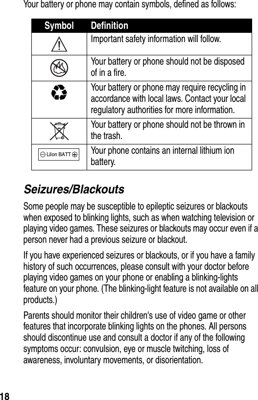  18Your battery or phone may contain symbols, defined as follows:Seizures/BlackoutsSome people may be susceptible to epileptic seizures or blackouts when exposed to blinking lights, such as when watching television or playing video games. These seizures or blackouts may occur even if a person never had a previous seizure or blackout.If you have experienced seizures or blackouts, or if you have a family history of such occurrences, please consult with your doctor before playing video games on your phone or enabling a blinking-lights feature on your phone. (The blinking-light feature is not available on all products.)Parents should monitor their children&apos;s use of video game or other features that incorporate blinking lights on the phones. All persons should discontinue use and consult a doctor if any of the following symptoms occur: convulsion, eye or muscle twitching, loss of awareness, involuntary movements, or disorientation.Symbol DefinitionImportant safety information will follow.Your battery or phone should not be disposed of in a fire.Your battery or phone may require recycling in accordance with local laws. Contact your local regulatory authorities for more information.Your battery or phone should not be thrown in the trash.Your phone contains an internal lithium ion battery.LiIon BATT