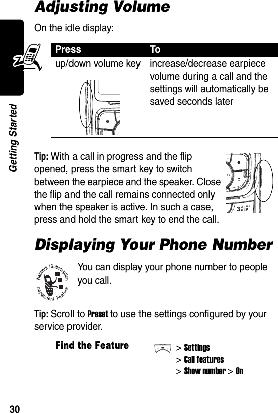  30Getting StartedAdjusting VolumeOn the idle display:Tip: With a call in progress and the flip opened, press the smart key to switch between the earpiece and the speaker. Close the flip and the call remains connected only when the speaker is active. In such a case, press and hold the smart key to end the call.Displaying Your Phone NumberYou can display your phone number to people you call.Tip: Scroll to Preset to use the settings configured by your service provider.Press Toup/down volume key increase/decrease earpiece volume during a call and the settings will automatically be saved seconds laterFind the Feature&gt;Settings&gt;Call features&gt;Show number&gt;On