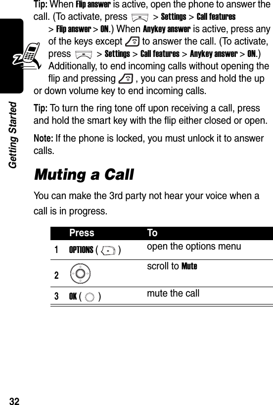  32Getting StartedTip: When Flip answer is active, open the phone to answer the call. (To activate, press &gt;Settings &gt;Call features &gt;Flip answer &gt; ON.) When Anykey answer is active, press any of the keys except to answer the call. (To activate, press &gt; Settings &gt;Call features &gt;Anykey answer &gt; ON.) Additionally, to end incoming calls without opening the flip and pressing , you can press and hold the up or down volume key to end incoming calls.Tip: To turn the ring tone off upon receiving a call, press and hold the smart key with the flip either closed or open.Note: If the phone is locked, you must unlock it to answer calls.Muting a CallYou can make the 3rd party not hear your voice when a call is in progress.Press To1OPTIONS () open the options menu2scroll to Mute3OK () mute the call