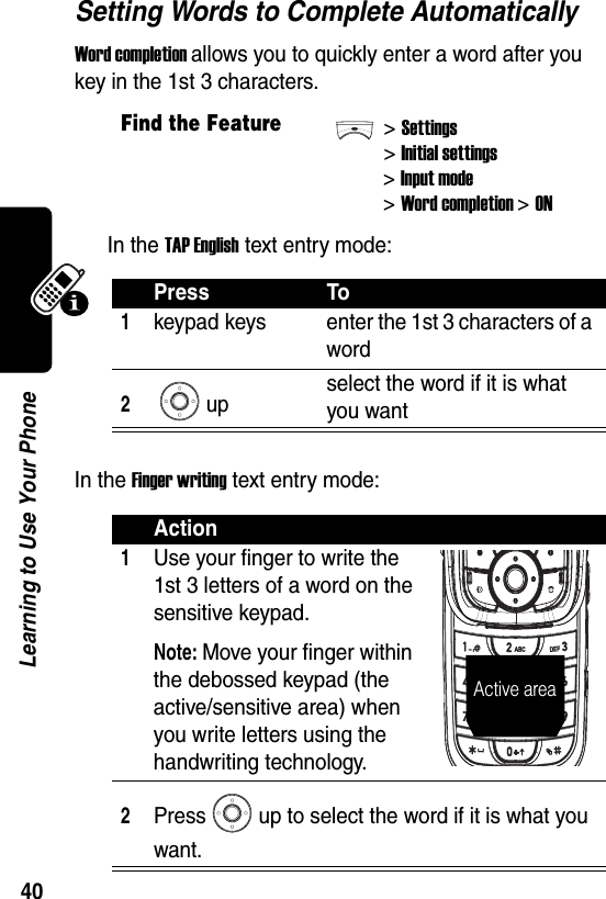  40Learning to Use Your PhoneSetting Words to Complete AutomaticallyWord completion allows you to quickly enter a word after you key in the 1st 3 characters.In the TAP English text entry mode:In the Finger writing text entry mode:Find the Feature&gt;Settings&gt;Initial settings&gt;Input mode&gt;Word completion&gt;ONPress To1keypad keys enter the 1st 3 characters of a word2up select the word if it is what you wantAction1Use your finger to write the 1st 3 letters of a word on the sensitive keypad.Note: Move your finger within the debossed keypad (the active/sensitive area) when you write letters using the handwriting technology.2Press up to select the word if it is what you want.Active area