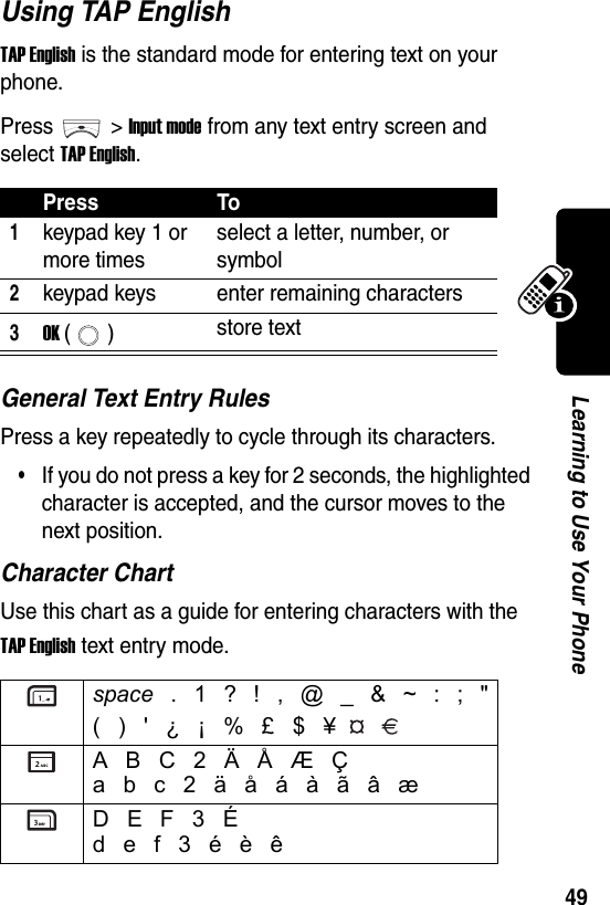  49Learning to Use Your PhoneUsing TAP EnglishTAP English is the standard mode for entering text on your phone.Press &gt;Input mode from any text entry screen and select TAP English.General Text Entry RulesPress a key repeatedly to cycle through its characters.•If you do not press a key for 2 seconds, the highlighted character is accepted, and the cursor moves to the next position.Character ChartUse this chart as a guide for entering characters with the TAP English text entry mode.Press To1keypad key 1 or more timesselect a letter, number, or symbol2keypad keys enter remaining characters3OK () store textspace . 1 ? ! , @ _ &amp; ~ : ; &quot;( ) &apos; ¿ ¡ % £ $ ¥A B C 2 Ä Å Æ Ça b c 2 ä å á à ã â æ D E F 3 Éd e f 3 é è ê