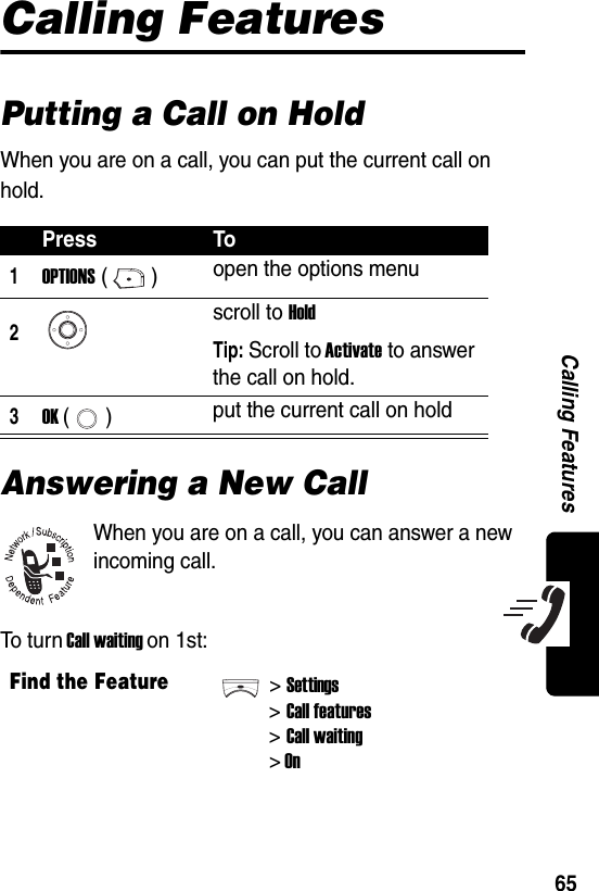  65Calling FeaturesCalling FeaturesPutting a Call on HoldWhen you are on a call, you can put the current call on hold.Answering a New CallWhen you are on a call, you can answer a new incoming call.To t u r n Call waiting on 1st:Press To1OPTIONS () open the options menu2scroll to HoldTip: Scroll to Activate to answer the call on hold.3OK () put the current call on holdFind the Feature&gt;Settings&gt;Call features&gt; Call waiting&gt; On