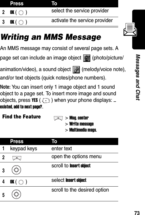  73Messages and ChatWriting an MMS MessageAn MMS message may consist of several page sets. A page set can include an image object (photo/picture/animation/video), a sound object (melody/voice note), and/or text objects (quick notes/phone numbers).Note: You can insert only 1 image object and 1 sound object to a page set. To insert more image and sound objects, press YES ( ) when your phone displays: ... existed, add to next page?.2OK () select the service provider3OK () activate the service providerFind the Feature&gt;Msg. center&gt;Write message&gt;Multimedia msgs.Press To1keypad keys enter text2open the options menu3scroll to Insert object4OK () select Insert object5scroll to the desired optionPress To