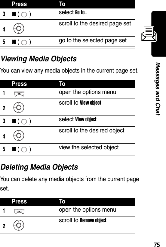  75Messages and ChatViewing Media ObjectsYou can view any media objects in the current page set.Deleting Media ObjectsYou can delete any media objects from the current page set.3OK () select Go to...4scroll to the desired page set5OK () go to the selected page setPress To1open the options menu2scroll to View object3OK () select View object4scroll to the desired object5OK () view the selected objectPress To1open the options menu2scroll to Remove objectPress To