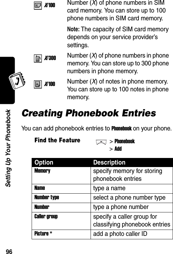  96Setting Up Your PhonebookCreating Phonebook EntriesYou can add phonebook entries to Phonebook on your phone.X/100Number (X) of phone numbers in SIM card memory. You can store up to 100 phone numbers in SIM card memory.Note: The capacity of SIM card memory depends on your service provider’s settings.X/300Number (X) of phone numbers in phone memory. You can store up to 300 phone numbers in phone memory.X/100Number (X) of notes in phone memory. You can store up to 100 notes in phone memory.Find the Feature&gt;Phonebook&gt;AddOption DescriptionMemoryspecify memory for storing phonebook entriesNametype a nameNumber typeselect a phone number typeNumbertype a phone numberCaller groupspecify a caller group for classifying phonebook entriesPicture *add a photo caller ID