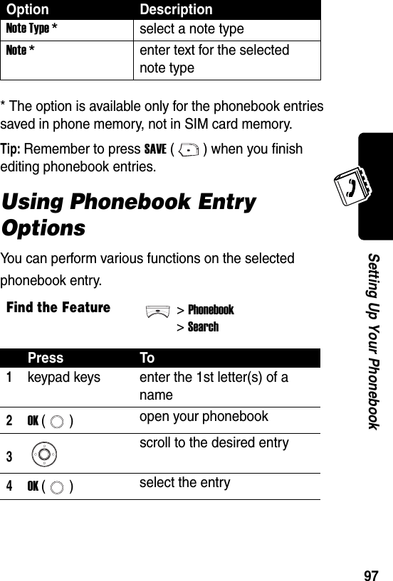  97Setting Up Your Phonebook* The option is available only for the phonebook entries saved in phone memory, not in SIM card memory.Tip: Remember to press SAVE ( ) when you finish editing phonebook entries.Using Phonebook Entry OptionsYou can perform various functions on the selected phonebook entry.Note Type *select a note typeNote *enter text for the selected note typeFind the Feature&gt;Phonebook&gt;SearchPress To1keypad keys enter the 1st letter(s) of a name2OK () open your phonebook3scroll to the desired entry4OK () select the entryOption Description