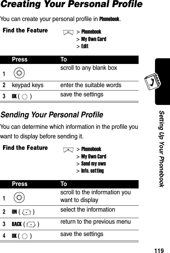  119Setting Up Your PhonebookCreating Your Personal ProfileYou can create your personal profile in Phonebook.Sending Your Personal ProfileYou can determine which information in the profile you want to display before sending it.Find the Feature&gt;Phonebook&gt;My Own Card&gt;EditPress To1scroll to any blank box2keypad keys enter the suitable words3OK () save the settingsFind the Feature&gt;Phonebook&gt;My Own Card&gt;Send my own&gt;Info. settingPress To1scroll to the information you want to display2ON () select the information3BACK () return to the previous menu4OK () save the settings