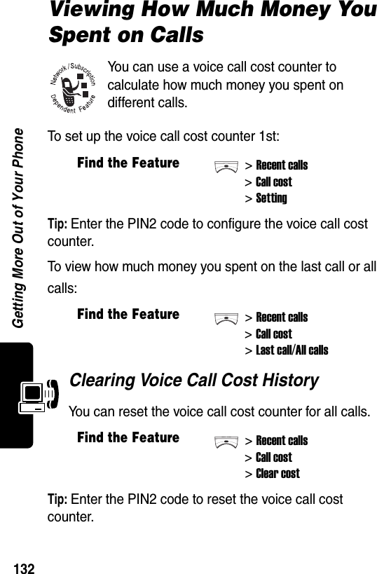  Getting More Out of Your Phone132Viewing How Much Money You Spent on CallsYou can use a voice call cost counter to calculate how much money you spent on different calls.To set up the voice call cost counter 1st:Tip: Enter the PIN2 code to configure the voice call cost counter.To view how much money you spent on the last call or all calls:Clearing Voice Call Cost HistoryYou can reset the voice call cost counter for all calls.Tip: Enter the PIN2 code to reset the voice call cost counter.Find the Feature&gt;Recent calls&gt;Call cost&gt;SettingFind the Feature&gt;Recent calls&gt;Call cost&gt;Last call/All callsFind the Feature&gt;Recent calls&gt;Call cost&gt;Clear cost