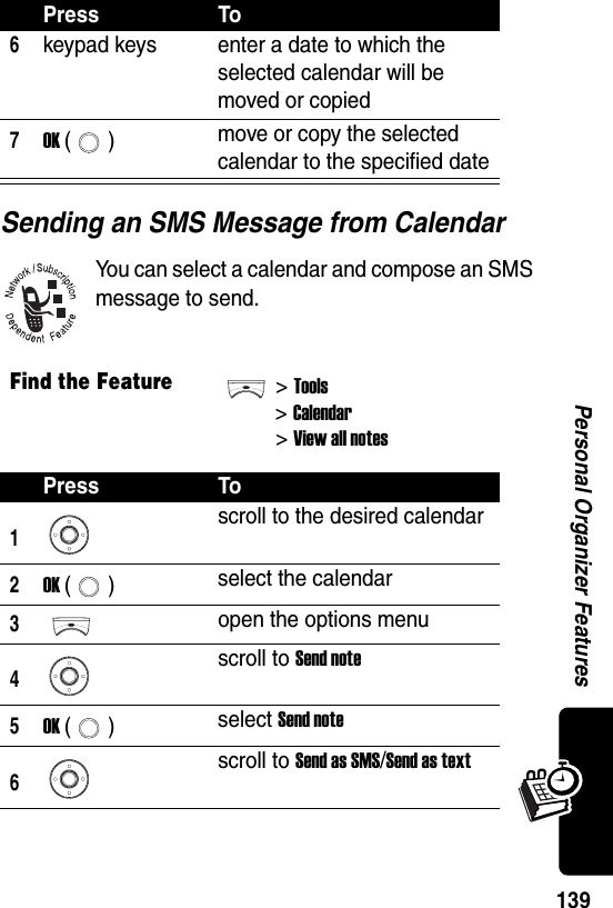  139Personal Organizer FeaturesSending an SMS Message from CalendarYou can select a calendar and compose an SMS message to send.6keypad keys enter a date to which the selected calendar will be moved or copied7OK () move or copy the selected calendar to the specified dateFind the Feature&gt;Tools&gt;Calendar&gt; View all notesPress To1scroll to the desired calendar2OK () select the calendar3open the options menu4scroll to Send note5OK () select Send note6scroll to Send as SMS/Send as textPress To