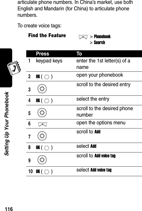  116Setting Up Your Phonebookarticulate phone numbers. In China’s market, use both English and Mandarin (for China) to articulate phone numbers.To create voice tags:Find the Feature&gt;Phonebook&gt;SearchPress To1keypad keys enter the 1st letter(s) of a name2OK () open your phonebook3scroll to the desired entry4OK () select the entry5scroll to the desired phone number6open the options menu7scroll to Add8OK () select Add9scroll to Add voice tag10OK () select Add voice tag