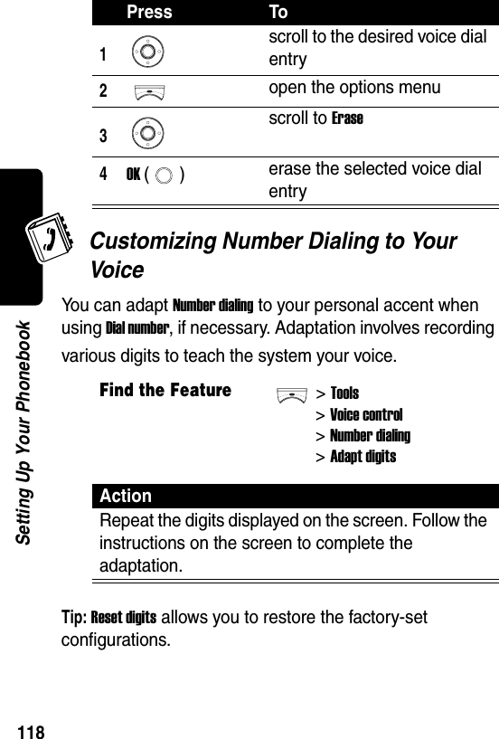  118Setting Up Your PhonebookCustomizing Number Dialing to Your VoiceYou can adapt Number dialing to your personal accent when using Dial number, if necessary. Adaptation involves recording various digits to teach the system your voice.Tip: Reset digits allows you to restore the factory-set configurations.Press To1scroll to the desired voice dial entry2open the options menu3scroll to Erase4OK () erase the selected voice dial entryFind the Feature&gt;Tools&gt;Voice control&gt;Number dialing&gt;Adapt digitsActionRepeat the digits displayed on the screen. Follow the instructions on the screen to complete the adaptation.