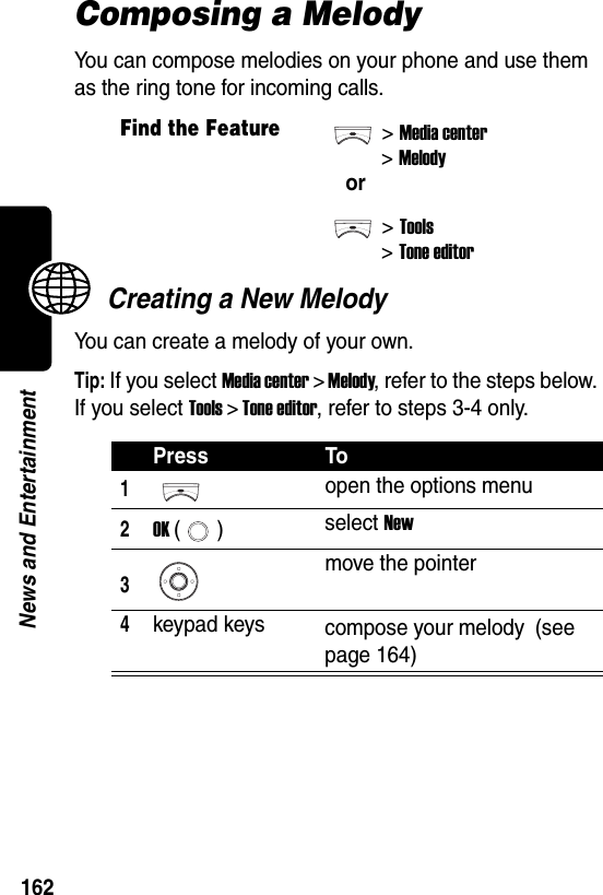  162News and EntertainmentComposing a MelodyYou can compose melodies on your phone and use them as the ring tone for incoming calls.Creating a New MelodyYou can create a melody of your own.Tip: If you select Media center &gt; Melody, refer to the steps below. If you select Tools &gt; Tone editor, refer to steps 3-4 only.Find the Feature&gt;Media center&gt;Melodyor&gt;Tools&gt;Tone editorPress To1open the options menu2OK () select New3move the pointer4keypad keys compose your melody (see page 164)