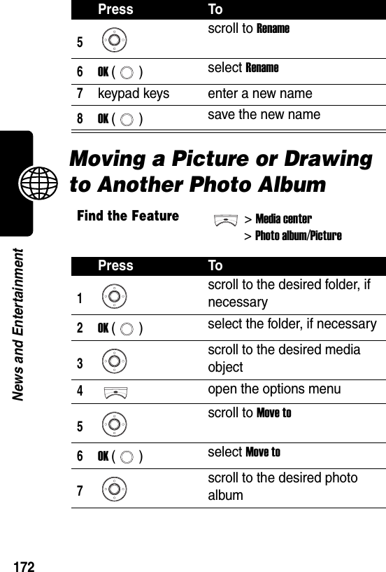  172News and EntertainmentMoving a Picture or Drawing to Another Photo Album5scroll to Rename6OK () select Rename7keypad keys enter a new name8OK () save the new nameFind the Feature&gt;Media center&gt;Photo album/PicturePress To1scroll to the desired folder, if necessary2OK () select the folder, if necessary3scroll to the desired media object4open the options menu5scroll to Move to6OK () select Move to7scroll to the desired photo albumPress To