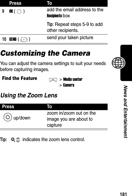  181News and EntertainmentCustomizing the CameraYou can adjust the camera settings to suit your needs before capturing images.Using the Zoom LensTip: indicates the zoom lens control.9OK () add the email address to the Recipients boxTip: Repeat steps 5-9 to add other recipients.10SEND () send your taken pictureFind the Feature&gt;Media center&gt;CameraPress Toup/down zoom in/zoom out on the image you are about to capturePress To