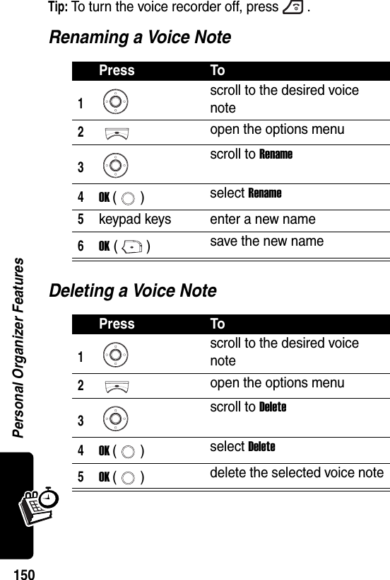  Personal Organizer Features150Tip: To turn the voice recorder off, press .Renaming a Voice NoteDeleting a Voice NotePress To1scroll to the desired voice note2open the options menu3scroll to Rename4OK () select Rename5keypad keys enter a new name6OK () save the new namePress To1scroll to the desired voice note2open the options menu3scroll to Delete4OK () select Delete5OK () delete the selected voice note