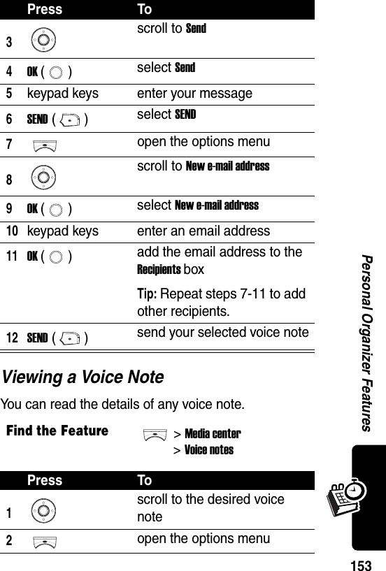  153Personal Organizer FeaturesViewing a Voice NoteYou can read the details of any voice note.3scroll to Send4OK () select Send5keypad keys enter your message6SEND () select SEND7open the options menu8scroll to New e-mail address9OK () select New e-mail address10keypad keys enter an email address11OK () add the email address to the Recipients boxTip: Repeat steps 7-11 to add other recipients.12SEND () send your selected voice noteFind the Feature&gt;Media center&gt;Voice notesPress To1scroll to the desired voice note2open the options menuPress To