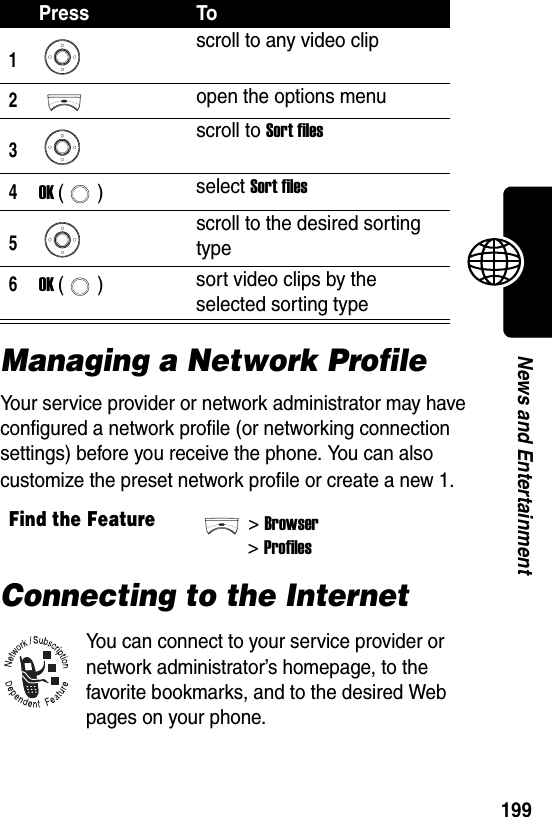  199News and EntertainmentManaging a Network ProfileYour service provider or network administrator may have configured a network profile (or networking connection settings) before you receive the phone. You can also customize the preset network profile or create a new 1.Connecting to the InternetYou can connect to your service provider or network administrator’s homepage, to the favorite bookmarks, and to the desired Web pages on your phone.Press To1scroll to any video clip2open the options menu3scroll to Sort files4OK () select Sort files5scroll to the desired sorting type6OK () sort video clips by the selected sorting typeFind the Feature&gt;Browser&gt;Profiles