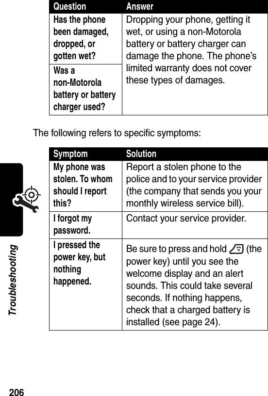  206TroubleshootingThe following refers to specific symptoms:Has the phone been damaged, dropped, or gotten wet? Dropping your phone, getting it wet, or using a non-Motorola battery or battery charger can damage the phone. The phone’s limited warranty does not cover these types of damages.Was a non-Motorola battery or battery charger used? Symptom SolutionMy phone was stolen. To whom should I report this? Report a stolen phone to the police and to your service provider (the company that sends you your monthly wireless service bill).I forgot my password.Contact your service provider.I pressed the power key, but nothing happened. Be sure to press and hold (the power key) until you see the welcome display and an alert sounds. This could take several seconds. If nothing happens, check that a charged battery is installed (see page 24).Question Answer