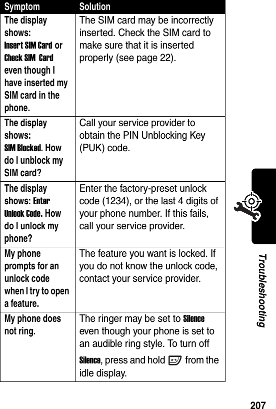  207TroubleshootingThe display shows: Insert SIM Card or Check SIM  Card even though I have inserted my SIM card in the phone.The SIM card may be incorrectly inserted. Check the SIM card to make sure that it is inserted properly (see page 22).The display shows: SIM Blocked. How do I unblock my SIM card? Call your service provider to obtain the PIN Unblocking Key (PUK) code.The display shows: Enter Unlock Code. How do I unlock my phone? Enter the factory-preset unlock code (1234), or the last 4 digits of your phone number. If this fails, call your service provider.My phone prompts for an unlock code when I try to open a feature. The feature you want is locked. If you do not know the unlock code, contact your service provider.My phone does not ring. The ringer may be set to Silence even though your phone is set to an audible ring style. To turn off Silence, press and hold from the idle display.Symptom Solution