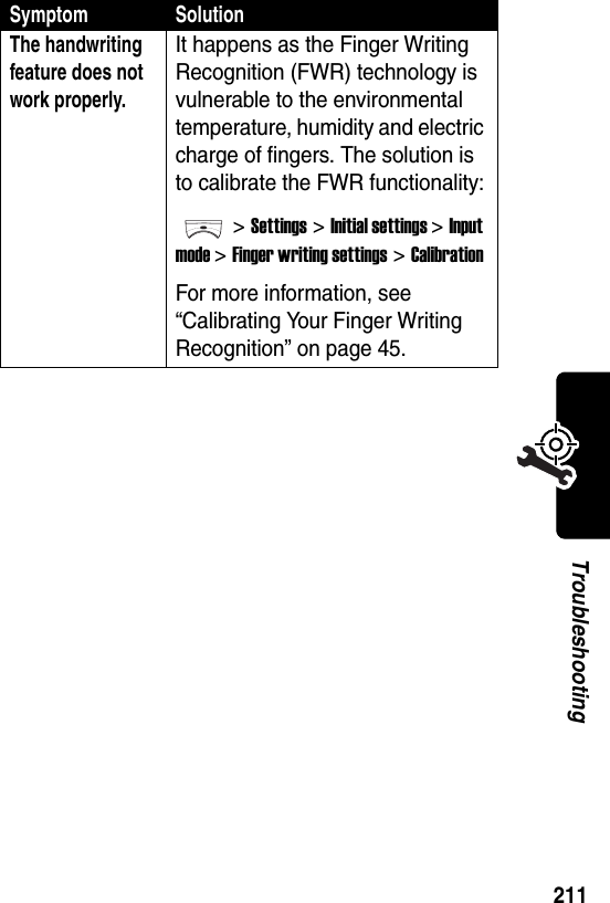  211TroubleshootingThe handwriting feature does not work properly.It happens as the Finger Writing Recognition (FWR) technology is vulnerable to the environmental temperature, humidity and electric charge of fingers. The solution is to calibrate the FWR functionality:&gt;Settings &gt;Initial settings &gt;Input mode &gt;Finger writing settings &gt;CalibrationFor more information, see “Calibrating Your Finger Writing Recognition” on page 45.Symptom Solution