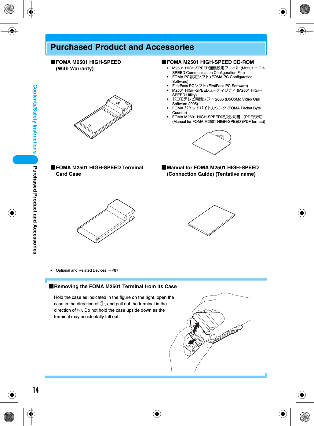 14Contents/Safety InstructionsPurchased Product and Accessories• Optional and Related Devices →P87■Removing the FOMA M2501 Terminal from its Case■FOMA M2501 HIGH-SPEED (With Warranty)■FOMA M2501 HIGH-SPEED CD-ROM• M2501 HIGH-SPEED通信設定ファイル (M2501 HIGH-SPEED Communication Configuration File)•FOMA PC設定ソフト (FOMA PC Configuration Software)• FirstPass PCソフト (FirstPass PC Software)• M2501 HIGH-SPEEDユーティリティ (M2501 HIGH-SPEED Utility)•ドコモテレビ電話ソフト 2005 (DoCoMo Video Call Software 2005)•FOMA パケットバイトカウンタ (FOMA Packet Byte Counter)• FOMA M2501 HIGH-SPEED取扱説明書 （PDF形式） (Manual for FOMA M2501 HIGH-SPEED (PDF format))■FOMA M2501 HIGH-SPEED Terminal Card Case■Manual for FOMA M2501 HIGH-SPEED (Connection Guide) (Tentative name)ANTMODEINSERTANTMODEINSERTHold the case as indicated in the figure on the right, open the case in the direction of a, and pull out the terminal in the direction of b. Do not hold the case upside down as the terminal may accidentally fall out.Purchased Product and Accessories