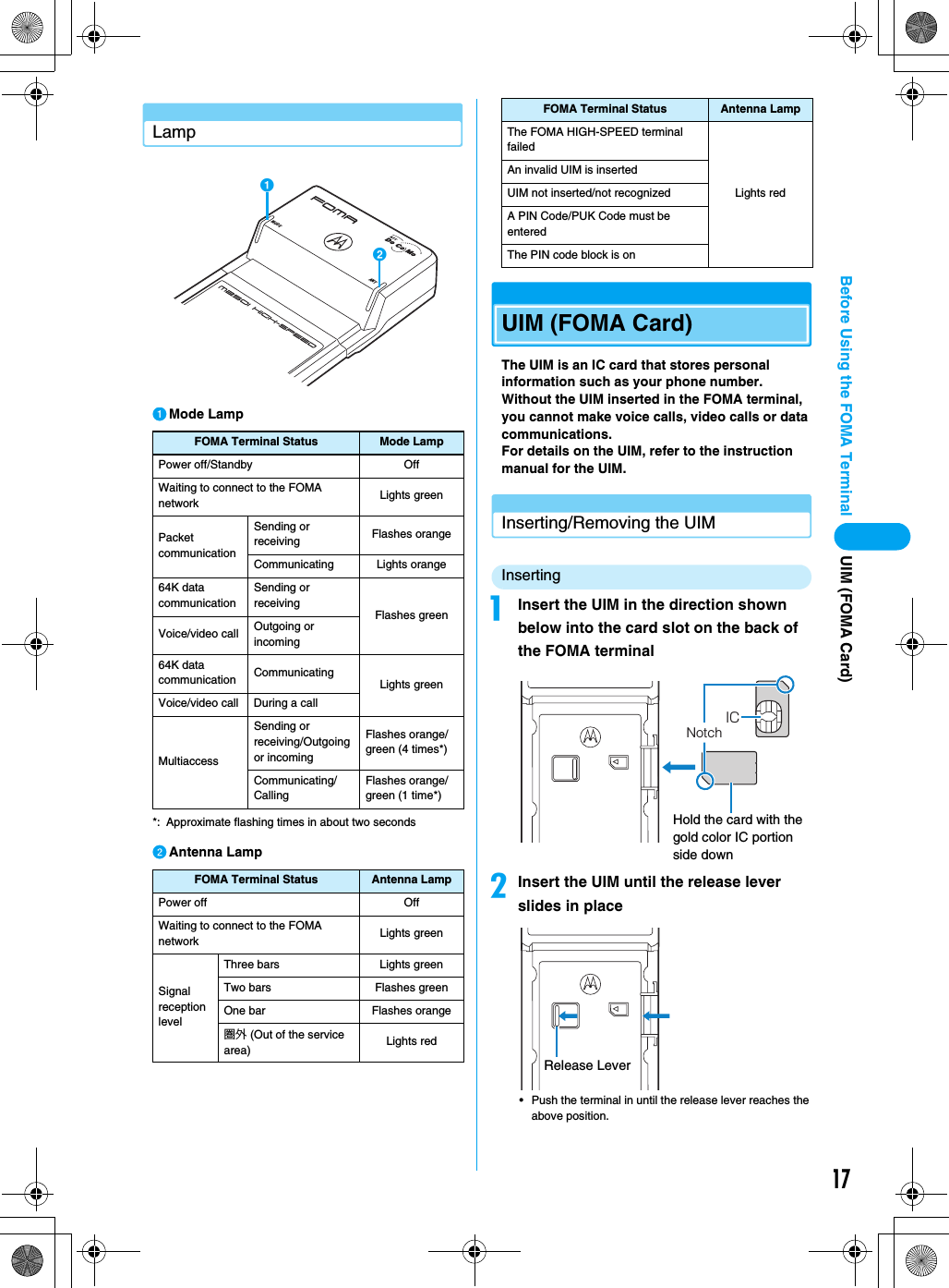 17Before Using the FOMA Terminal UIM (FOMA Card)LampaMode Lamp*: Approximate flashing times in about two secondsbAntenna LampUIM (FOMA Card)The UIM is an IC card that stores personal information such as your phone number. Without the UIM inserted in the FOMA terminal, you cannot make voice calls, video calls or data communications.For details on the UIM, refer to the instruction manual for the UIM.Inserting/Removing the UIMInsertingaInsert the UIM in the direction shown below into the card slot on the back of the FOMA terminalbInsert the UIM until the release lever slides in place• Push the terminal in until the release lever reaches the above position.FOMA Terminal Status Mode LampPower off/Standby OffWaiting to connect to the FOMA network Lights greenPacket communicationSending or receiving Flashes orangeCommunicating Lights orange64K data communicationSending or receivingFlashes greenVoice/video call Outgoing or incoming64K data communication CommunicatingLights greenVoice/video call During a callMultiaccessSending or receiving/Outgoing or incomingFlashes orange/green (4 times*)Communicating/CallingFlashes orange/green (1 time*)FOMA Terminal Status Antenna LampPower off OffWaiting to connect to the FOMA network Lights greenSignal reception levelThree bars Lights greenTwo bars Flashes greenOne bar Flashes orange圏外 (Out of the service area) Lights redANTMODEabThe FOMA HIGH-SPEED terminal failedLights redAn invalid UIM is insertedUIM not inserted/not recognizedA PIN Code/PUK Code must be enteredThe PIN code block is onFOMA Terminal Status Antenna LampICNotchHold the card with the gold color IC portion side downRelease Lever