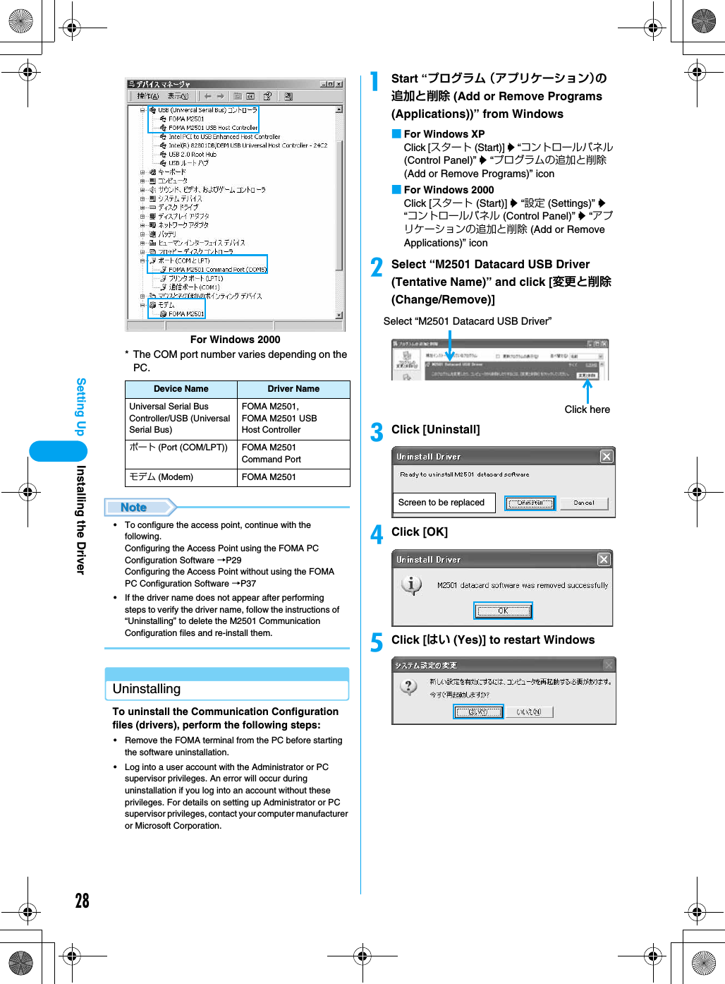 28Setting Up* The COM port number varies depending on the PC.• To configure the access point, continue with the following.Configuring the Access Point using the FOMA PC Configuration Software →P29Configuring the Access Point without using the FOMA PC Configuration Software →P37• If the driver name does not appear after performing steps to verify the driver name, follow the instructions of “Uninstalling” to delete the M2501 Communication Configuration files and re-install them.UninstallingTo uninstall the Communication Configuration files (drivers), perform the following steps:• Remove the FOMA terminal from the PC before starting the software uninstallation.• Log into a user account with the Administrator or PC supervisor privileges. An error will occur during uninstallation if you log into an account without these privileges. For details on setting up Administrator or PC supervisor privileges, contact your computer manufacturer or Microsoft Corporation.aStart “プログラム （アプリケーション）の追加と削除 (Add or Remove Programs (Applications))” from Windows■For Windows XPClick [スタート (Start)] y “コントロールパネル (Control Panel)” y “プログラムの追加と削除 (Add or Remove Programs)” icon■For Windows 2000Click [スタート (Start)] y “設定 (Settings)” y “コントロールパネル (Control Panel)” y “アプリケーションの追加と削除 (Add or Remove Applications)” iconbSelect “M2501 Datacard USB Driver (Tentative Name)” and click [変更と削除 (Change/Remove)]cClick [Uninstall]dClick [OK]eClick [はい (Yes)] to restart WindowsDevice Name Driver NameUniversal Serial Bus Controller/USB (Universal Serial Bus)FOMA M2501, FOMA M2501 USBHost Controllerポート (Port (COM/LPT)) FOMA M2501Command Portモデム (Modem) FOMA M2501For Windows 2000Select “M2501 Datacard USB Driver”Click hereScreen to be replacedInstalling the Driver