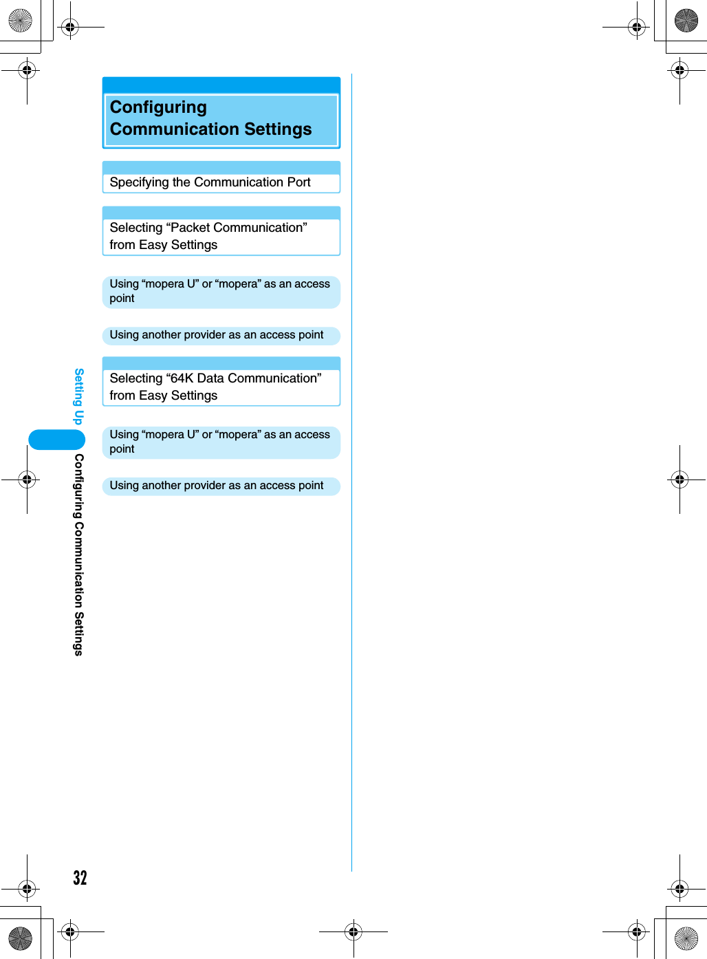 32Setting UpConfiguring Communication SettingsSpecifying the Communication PortSelecting “Packet Communication” from Easy SettingsUsing “mopera U” or “mopera” as an access pointUsing another provider as an access pointSelecting “64K Data Communication” from Easy SettingsUsing “mopera U” or “mopera” as an access pointUsing another provider as an access pointConfiguring Communication Settings