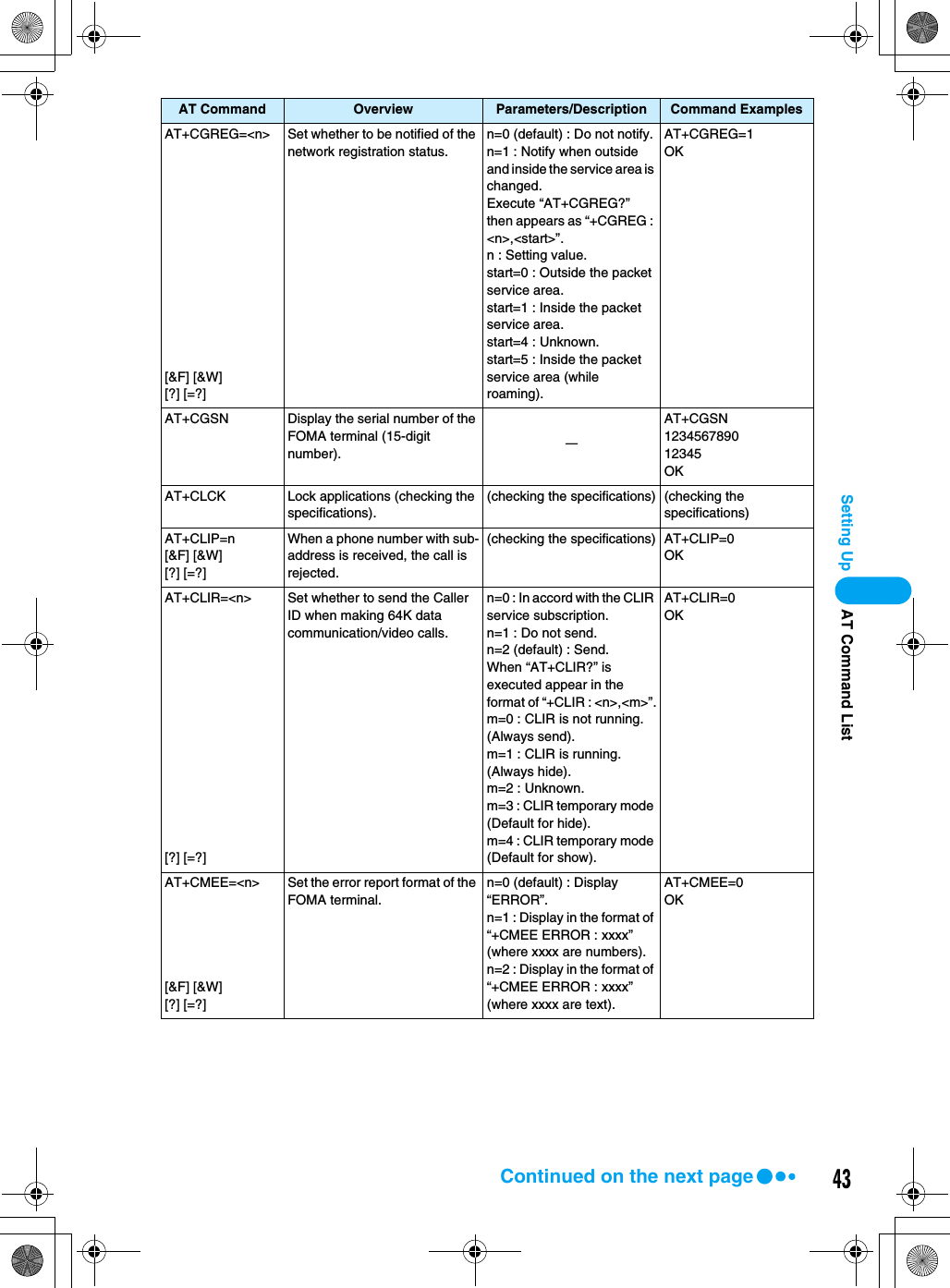 43Setting UpAT+CGREG=&lt;n&gt;[&amp;F] [&amp;W][?] [=?]Set whether to be notified of the network registration status.n=0 (default) : Do not notify.n=1 : Notify when outside and inside the service area is changed.Execute “AT+CGREG?” then appears as “+CGREG : &lt;n&gt;,&lt;start&gt;”.n : Setting value.start=0 : Outside the packet service area.start=1 : Inside the packet service area.start=4 : Unknown.start=5 : Inside the packet service area (while roaming).AT+CGREG=1OKAT+CGSN Display the serial number of the FOMA terminal (15-digit number). ーAT+CGSN123456789012345OKAT+CLCK Lock applications (checking the specifications).(checking the specifications) (checking the specifications)AT+CLIP=n[&amp;F] [&amp;W][?] [=?]When a phone number with sub-address is received, the call is rejected.(checking the specifications) AT+CLIP=0OKAT+CLIR=&lt;n&gt;[?] [=?]Set whether to send the Caller ID when making 64K data communication/video calls.n=0 : In accord with the CLIR service subscription.n=1 : Do not send.n=2 (default) : Send.When “AT+CLIR?” is executed appear in the format of “+CLIR : &lt;n&gt;,&lt;m&gt;”.m=0 : CLIR is not running. (Always send).m=1 : CLIR is running. (Always hide).m=2 : Unknown.m=3 : CLIR temporary mode (Default for hide).m=4 : CLIR temporary mode (Default for show).AT+CLIR=0OKAT+CMEE=&lt;n&gt;[&amp;F] [&amp;W][?] [=?]Set the error report format of the FOMA terminal.n=0 (default) : Display “ERROR”.n=1 : Display in the format of “+CMEE ERROR : xxxx” (where xxxx are numbers).n=2 : Display in the format of “+CMEE ERROR : xxxx” (where xxxx are text).AT+CMEE=0OKAT Command Overview Parameters/Description Command ExamplesAT Command ListContinued on the next page