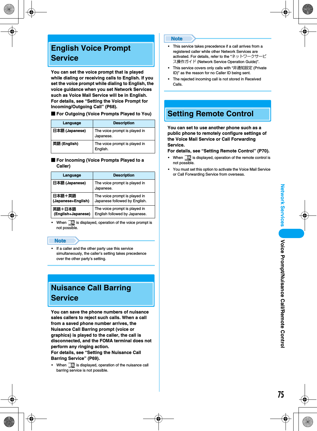 75Network Services Voice Prompt/Nuisance Call/Remote ControlEnglish Voice Prompt ServiceYou can set the voice prompt that is played while dialing or receiving calls to English. If you set the voice prompt while dialing to English, the voice guidance when you set Network Services such as Voice Mail Service will be in English.For details, see “Setting the Voice Prompt for Incoming/Outgoing Call” (P68).■For Outgoing (Voice Prompts Played to You)■For Incoming (Voice Prompts Played to a Caller)• When   is displayed, operation of the voice prompt is not possible.• If a caller and the other party use this service simultaneously, the caller’s setting takes precedence over the other party’s setting.Nuisance Call Barring ServiceYou can save the phone numbers of nuisance sales callers to reject such calls. When a call from a saved phone number arrives, the Nuisance Call Barring prompt (voice or graphics) is played to the caller, the call is disconnected, and the FOMA terminal does not perform any ringing action.For details, see “Setting the Nuisance Call Barring Service” (P69).• When   is displayed, operation of the nuisance call barring service is not possible.• This service takes precedence if a call arrives from a registered caller while other Network Services are activated. For details, refer to the “ネットワークサービス操作ガイド (Network Service Operation Guide)”.• This service covers only calls with “非通知設定 (Private ID)” as the reason for no Caller ID being sent.• The rejected incoming call is not stored in Received Calls.Setting Remote ControlYou can set to use another phone such as a public phone to remotely configure settings of the Voice Mail Service or Call Forwarding Service.For details, see “Setting Remote Control” (P70).• When   is displayed, operation of the remote control is not possible.• You must set this option to activate the Voice Mail Service or Call Forwarding Service from overseas.Language Description日本語 (Japanese) The voice prompt is played in Japanese.英語 (English) The voice prompt is played in English.Language Description日本語 (Japanese) The voice prompt is played in Japanese.日本語＋英語 (Japanese+English)The voice prompt is played in Japanese followed by English.英語＋日本語 (English+Japanese)The voice prompt is played in English followed by Japanese.