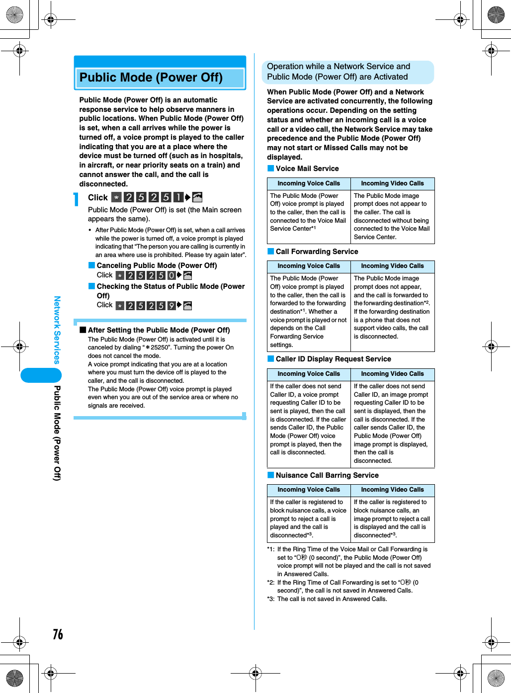 76Network Services Public Mode (Power Off)Public Mode (Power Off)Public Mode (Power Off) is an automatic response service to help observe manners in public locations. When Public Mode (Power Off) is set, when a call arrives while the power is turned off, a voice prompt is played to the caller indicating that you are at a place where the device must be turned off (such as in hospitals, in aircraft, or near priority seats on a train) and cannot answer the call, and the call is disconnected.aClick  yPublic Mode (Power Off) is set (the Main screen appears the same).• After Public Mode (Power Off) is set, when a call arrives while the power is turned off, a voice prompt is played indicating that “The person you are calling is currently in an area where use is prohibited. Please try again later”.■Canceling Public Mode (Power Off)Click  y■Checking the Status of Public Mode (Power Off)Click  y■After Setting the Public Mode (Power Off)The Public Mode (Power Off) is activated until it is canceled by dialing “＊25250”. Turning the power On does not cancel the mode.A voice prompt indicating that you are at a location where you must turn the device off is played to the caller, and the call is disconnected.The Public Mode (Power Off) voice prompt is played even when you are out of the service area or where no signals are received.Operation while a Network Service and Public Mode (Power Off) are ActivatedWhen Public Mode (Power Off) and a Network Service are activated concurrently, the following operations occur. Depending on the setting status and whether an incoming call is a voice call or a video call, the Network Service may take precedence and the Public Mode (Power Off) may not start or Missed Calls may not be displayed.■Voice Mail Service■Call Forwarding Service■Caller ID Display Request Service■Nuisance Call Barring Service*1: If the Ring Time of the Voice Mail or Call Forwarding is set to “0秒 (0 second)”, the Public Mode (Power Off) voice prompt will not be played and the call is not saved in Answered Calls.*2: If the Ring Time of Call Forwarding is set to “0秒 (0 second)”, the call is not saved in Answered Calls.*3: The call is not saved in Answered Calls.Incoming Voice Calls Incoming Video CallsThe Public Mode (Power Off) voice prompt is played to the caller, then the call is connected to the Voice Mail Service Center*1The Public Mode image prompt does not appear to the caller. The call is disconnected without being connected to the Voice Mail Service Center.Incoming Voice Calls Incoming Video CallsThe Public Mode (Power Off) voice prompt is played to the caller, then the call is forwarded to the forwarding destination*1. Whether a voice prompt is played or not depends on the Call Forwarding Service settings.The Public Mode image prompt does not appear, and the call is forwarded to the forwarding destination*2. If the forwarding destination is a phone that does not support video calls, the call is disconnected.Incoming Voice Calls Incoming Video CallsIf the caller does not send Caller ID, a voice prompt requesting Caller ID to be sent is played, then the call is disconnected. If the caller sends Caller ID, the Public Mode (Power Off) voice prompt is played, then the call is disconnected.If the caller does not send Caller ID, an image prompt requesting Caller ID to be sent is displayed, then the call is disconnected. If the caller sends Caller ID, the Public Mode (Power Off) image prompt is displayed, then the call is disconnected.Incoming Voice Calls Incoming Video CallsIf the caller is registered to block nuisance calls, a voice prompt to reject a call is played and the call is disconnected*3.If the caller is registered to block nuisance calls, an image prompt to reject a call is displayed and the call is disconnected*3.