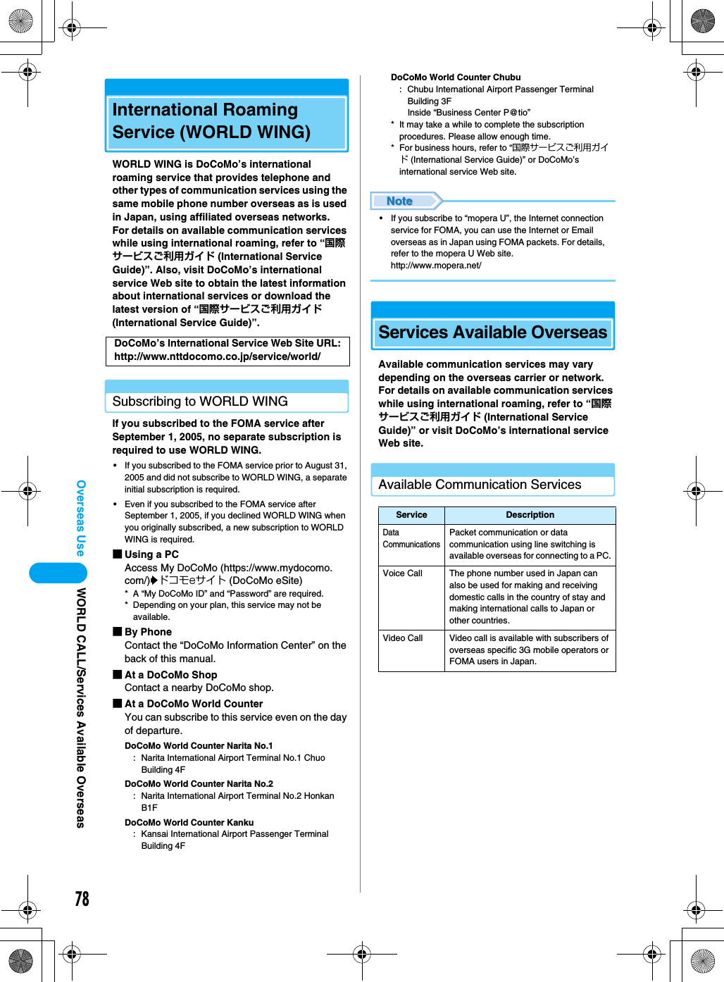 78Overseas UseInternational Roaming Service (WORLD WING)WORLD WING is DoCoMo’s international roaming service that provides telephone and other types of communication services using the same mobile phone number overseas as is used in Japan, using affiliated overseas networks.For details on available communication services while using international roaming, refer to “国際サービスご利用ガイド (International Service Guide)”. Also, visit DoCoMo’s international service Web site to obtain the latest information about international services or download the latest version of “国際サービスご利用ガイド (International Service Guide)”.Subscribing to WORLD WINGIf you subscribed to the FOMA service after September 1, 2005, no separate subscription is  required to use WORLD WING.• If you subscribed to the FOMA service prior to August 31, 2005 and did not subscribe to WORLD WING, a separate initial subscription is required.• Even if you subscribed to the FOMA service after September 1, 2005, if you declined WORLD WING when you originally subscribed, a new subscription to WORLD WING is required.■Using a PCAccess My DoCoMo (https://www.mydocomo.com/)yドコモeサイト (DoCoMo eSite)* A “My DoCoMo ID” and “Password” are required.* Depending on your plan, this service may not be available.■By PhoneContact the “DoCoMo Information Center” on the back of this manual.■At a DoCoMo ShopContact a nearby DoCoMo shop.■At a DoCoMo World CounterYou can subscribe to this service even on the day of departure.DoCoMo World Counter Narita No.1: Narita International Airport Terminal No.1 Chuo Building 4FDoCoMo World Counter Narita No.2: Narita International Airport Terminal No.2 Honkan B1FDoCoMo World Counter Kanku: Kansai International Airport Passenger Terminal Building 4FDoCoMo World Counter Chubu: Chubu International Airport Passenger Terminal Building 3FInside “Business Center P@tio”* It may take a while to complete the subscription procedures. Please allow enough time.* For business hours, refer to “国際サービスご利用ガイド (International Service Guide)” or DoCoMo’s international service Web site.note• If you subscribe to “mopera U”, the Internet connection service for FOMA, you can use the Internet or Email overseas as in Japan using FOMA packets. For details, refer to the mopera U Web site.http://www.mopera.net/Services Available OverseasAvailable communication services may vary depending on the overseas carrier or network. For details on available communication services while using international roaming, refer to “国際サービスご利用ガイド (International Service Guide)” or visit DoCoMo’s international service Web site.Available Communication ServicesDoCoMo’s International Service Web Site URL:http://www.nttdocomo.co.jp/service/world/Service DescriptionData CommunicationsPacket communication or data communication using line switching is available overseas for connecting to a PC.Voice Call The phone number used in Japan can also be used for making and receiving domestic calls in the country of stay and making international calls to Japan or other countries.Video Call Video call is available with subscribers of overseas specific 3G mobile operators or FOMA users in Japan.WORLD CALL/Services Available Overseas