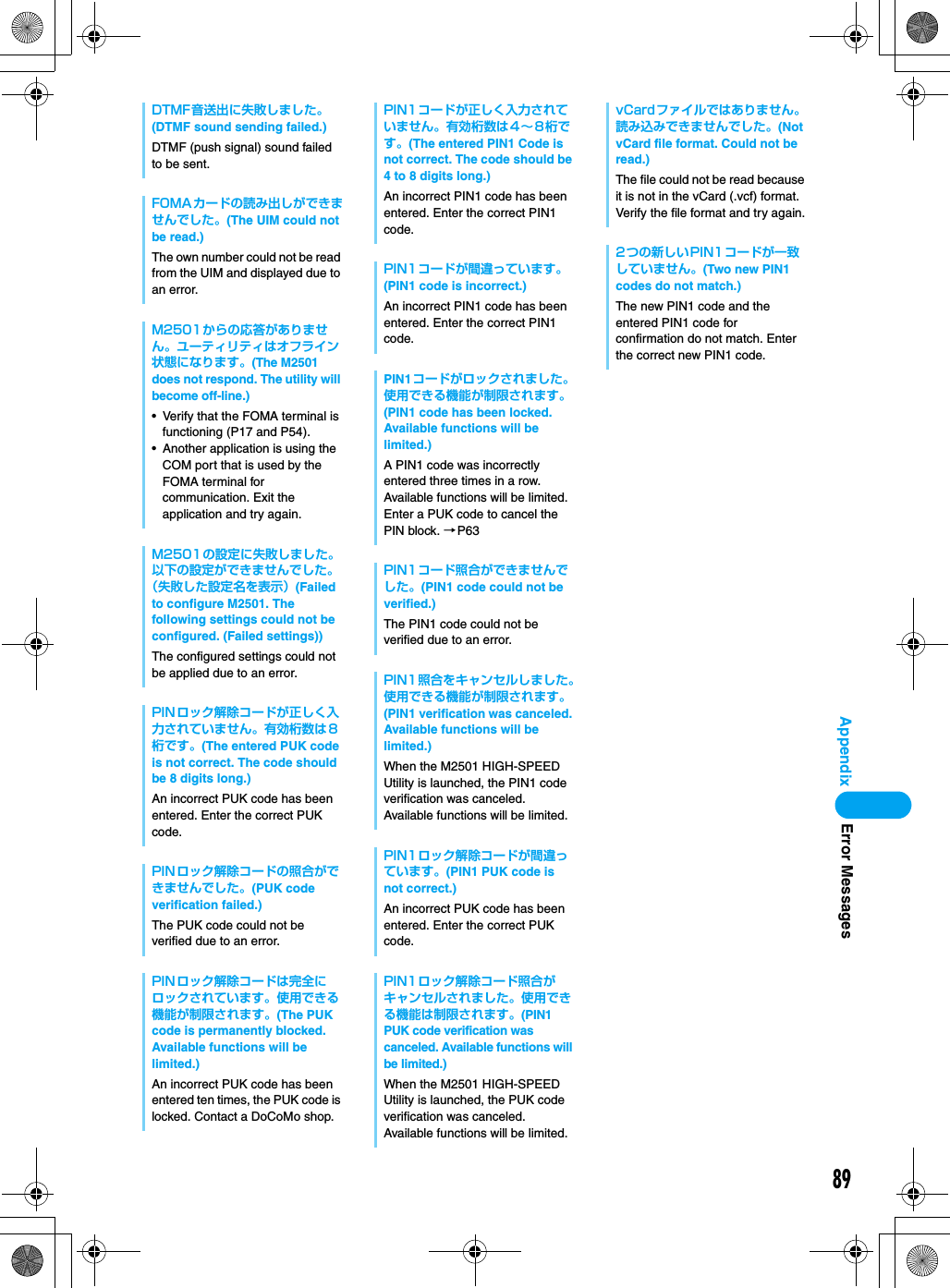 89AppendixDTMF音送出に失敗しました。(DTMF sound sending failed.)DTMF (push signal) sound failed to be sent.FOMAカードの読み出しができませんでした。(The UIM could not be read.)The own number could not be read from the UIM and displayed due to an error.M2501からの応答がありません。ユーティリティはオフライン状態になります。(The M2501 does not respond. The utility will become off-line.)• Verify that the FOMA terminal is functioning (P17 and P54).• Another application is using the COM port that is used by the FOMA terminal for communication. Exit the application and try again.M2501の設定に失敗しました。以下の設定ができませんでした。（失敗した設定名を表示）(Failed to configure M2501. The following settings could not be configured. (Failed settings))The configured settings could not be applied due to an error.PINロック解除コードが正しく入力されていません。有効桁数は８桁です。(The entered PUK code is not correct. The code should be 8 digits long.)An incorrect PUK code has been entered. Enter the correct PUK code.PINロック解除コードの照合ができませんでした。(PUK code verification failed.)The PUK code could not be verified due to an error.PINロック解除コードは完全にロックされています。使用できる機能が制限されます。(The PUK code is permanently blocked. Available functions will be limited.)An incorrect PUK code has been entered ten times, the PUK code is locked. Contact a DoCoMo shop.PIN1コードが正しく入力されていません。有効桁数は 4∼ 8桁です。(The entered PIN1 Code is not correct. The code should be 4 to 8 digits long.)An incorrect PIN1 code has been entered. Enter the correct PIN1 code.PIN1コードが間違っています。(PIN1 code is incorrect.)An incorrect PIN1 code has been entered. Enter the correct PIN1 code.PIN1コードがロックされました。使用できる機能が制限されます。(PIN1 code has been locked. Available functions will be limited.)A PIN1 code was incorrectly entered three times in a row. Available functions will be limited. Enter a PUK code to cancel the PIN block. →P63PIN1コード照合ができませんでした。(PIN1 code could not be verified.)The PIN1 code could not be verified due to an error.PIN1照合をキャンセルしました。使用できる機能が制限されます。(PIN1 verification was canceled. Available functions will be limited.)When the M2501 HIGH-SPEED Utility is launched, the PIN1 code verification was canceled. Available functions will be limited.PIN1ロック解除コードが間違っています。(PIN1 PUK code is not correct.)An incorrect PUK code has been entered. Enter the correct PUK code.PIN1ロック解除コード照合がキャンセルされました。使用できる機能は制限されます。(PIN1 PUK code verification was canceled. Available functions will be limited.)When the M2501 HIGH-SPEED Utility is launched, the PUK code verification was canceled. Available functions will be limited.vCardファイルではありません。読み込みできませんでした。(Not vCard file format. Could not be read.)The file could not be read because it is not in the vCard (.vcf) format. Verify the file format and try again.2つの新しい PIN1コードが一致していません。(Two new PIN1 codes do not match.)The new PIN1 code and the entered PIN1 code for confirmation do not match. Enter the correct new PIN1 code.Error Messages