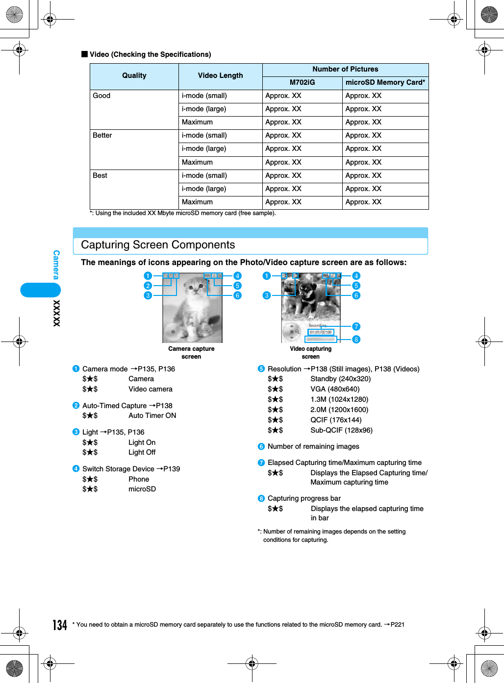 134Camera* You need to obtain a microSD memory card separately to use the functions related to the microSD memory card. →P221■Video (Checking the Specifications) *: Using the included XX Mbyte microSD memory card (free sample).Capturing Screen ComponentsThe meanings of icons appearing on the Photo/Video capture screen are as follows:*: Number of remaining images depends on the setting conditions for capturing.Quality Video Length Number of PicturesM702iG microSD Memory Card*Good i-mode (small) Approx. XX Approx. XXi-mode (large) Approx. XX Approx. XXMaximum Approx. XX Approx. XXBetter i-mode (small) Approx. XX Approx. XXi-mode (large) Approx. XX Approx. XXMaximum Approx. XX Approx. XXBest i-mode (small) Approx. XX Approx. XXi-mode (large) Approx. XX Approx. XXMaximum Approx. XX Approx. XXVideo capturing screenCamera capture screenabcdefacdefghaCamera mode →P135, P136$★$ Camera$★$ Video camerabAuto-Timed Capture →P138$★$ Auto Timer ONcLight →P135, P136$★$ Light On$★$ Light OffdSwitch Storage Device →P139$★$ Phone$★$microSDeResolution →P138 (Still images), P138 (Videos)$★$ Standby (240x320)$★$ VGA (480x640)$★$ 1.3M (1024x1280)$★$ 2.0M (1200x1600)$★$ QCIF (176x144)$★$ Sub-QCIF (128x96)fNumber of remaining imagesgElapsed Capturing time/Maximum capturing time$★$ Displays the Elapsed Capturing time/Maximum capturing timehCapturing progress bar$★$ Displays the elapsed capturing time in barXXXXX