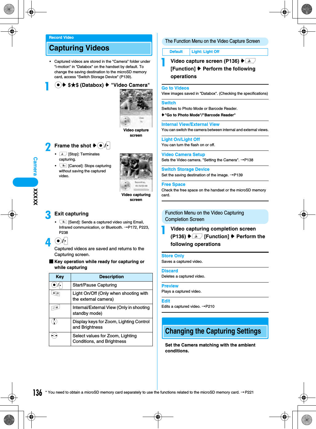136Camera* You need to obtain a microSD memory card separately to use the functions related to the microSD memory card. →P221Record VideoCapturing Videos• Captured videos are stored in the &quot;Camera&quot; folder under &quot;i-motion&quot; in &quot;Databox&quot; on the handset by default. To change the saving destination to the microSD memory card, access &quot;Switch Storage Device&quot; (P139).acy $★$ (Databox) y &quot;Video Camera&quot;bFrame the shot yc/J•h [Stop]: Terminates capturing.•i [Cancel]: Stops capturing without saving the captured video.cExit capturing•i [Send]: Sends a captured video using Email, Infrared communication, or Bluetooth. →P172, P223, P238dc/JCaptured videos are saved and returns to the Capturing screen.■Key operation while ready for capturing or while capturingThe Function Menu on the Video Capture ScreenaVideo capture screen (P136) yh [Function] y Perform the following operationsGo to VideosView images saved in &quot;Databox&quot;. (Checking the specifications)SwitchSwitches to Photo Mode or Barcode Reader.y&quot;Go to Photo Mode&quot;/&quot;Barcode Reader&quot;Internal View/External ViewYou can switch the camera between internal and external views.Light On/Light OffYou can turn the flash on or off.Video Camera SetupSets the Video camera. &quot;Setting the Camera&quot;. →P138Switch Storage DeviceSet the saving destination of the image. →P139Free SpaceCheck the free space on the handset or the microSD memory card. Function Menu on the Video Capturing Completion Screen aVideo capturing completion screen (P136) yh [Function] y Perform the following operationsStore OnlySaves a captured video.DiscardDeletes a captured video.PreviewPlays a captured video.EditEdits a captured video. →P210Changing the Capturing SettingsSet the Camera matching with the ambient conditions.Key Descriptionc/JStart/Pause Capturing*Light On/Off (Only when shooting with the external camera)#Internal/External View (Only in shooting standby mode)jDisplay keys for Zoom, Lighting Control and BrightnesssSelect values for Zoom, Lighting Conditions, and BrightnessVideo capture screenVideo capturing screenDefault Light: Light OffXXXXX