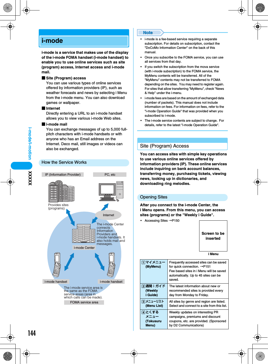 144i-mode/i-motion XXXXXi-modei-mode is a service that makes use of the display of the i-mode FOMA handset (i-mode handset) to enable you to use online services such as site (program) access, Internet access and i-mode mail.■Site (Program) accessYou can use various types of online services offered by information providers (IP), such as weather forecasts and news by selecting i Menu from the i-mode menu. You can also download games or wallpaper.■InternetDirectly entering a URL to an i-mode handset allows you to view various i-mode Web sites.■i-mode mailYou can exchange messages of up to 5,000 full-pitch characters with i-mode handsets or with anyone who has an Email address on the Internet. Deco mail, still images or videos can also be exchanged.How the Service Works• i-mode is a fee-based service requiring a separate subscription. For details on subscription, contact the &quot;DoCoMo Information Center&quot; on the back of this manual.• Once you subscribe to the FOMA service, you can use all services from that day.• If you switch the subscription from the mova service (with i-mode subscription) to the FOMA service, the MyMenu contents will be transferred. All of the &quot;MyMenu&quot; contents may not be transferred to FOMA depending on the sites.  You may need to register again. For sites that allow transferring &quot;MyMenu&quot;, check &quot;News &amp; Help&quot; under the i-menu.• i-mode fees are based on the amount of exchanged data (number of packets). This manual does not include information on fees. For information on fees, refer to the &quot;i-mode Operation Guide&quot; that was provided when you subscribed to i-mode.• The i-mode service contents are subject to change.  For details, refer to the latest &quot;i-mode Operation Guide&quot;.Site (Program) AccessYou can access sites with simple key operations to use various online services offered by information providers (IP). These online services include inquiring on bank account balances, transferring money, purchasing tickets, viewing news, looking up in dictionaries, and downloading ring melodies.Opening SitesAfter you connect to the i-mode Center, the i Menu opens. From this menu, you can access sites (programs) or the &quot;Weekly i Guide&quot;.• Accessing Sites →P150IP (Information Provider)i-mode Centeri-mode handset i-mode handsetPC, etcThe i-mode Center connects Information Providers and i-mode handsets. It also holds mail and messages.Provides sites (programs).FOMA service areaThe i-mode service area is the same as the FOMA service areas (area in which calls can be made).Internetaマイメニュー(MyMenu)Frequently accessed sites can be saved for quick connection. →P151Fee based sites in i Menu will be saved automatically. Up to 45 sites can be saved.b週間ｉガイド(Weekly i Guide)The latest information about new or recommended sites is provided every day from Monday to Friday.cメニューリスト(Menu List)All sites by genre and region are listed. Select and connect to a site from this list.dとくするメニュー(Tokusuru Menu)Weekly updates on interesting PR campaigns, premiums and discount coupons, etc. are provided. (Sponsored by D2 Communications)i MenuScreen to be inserted