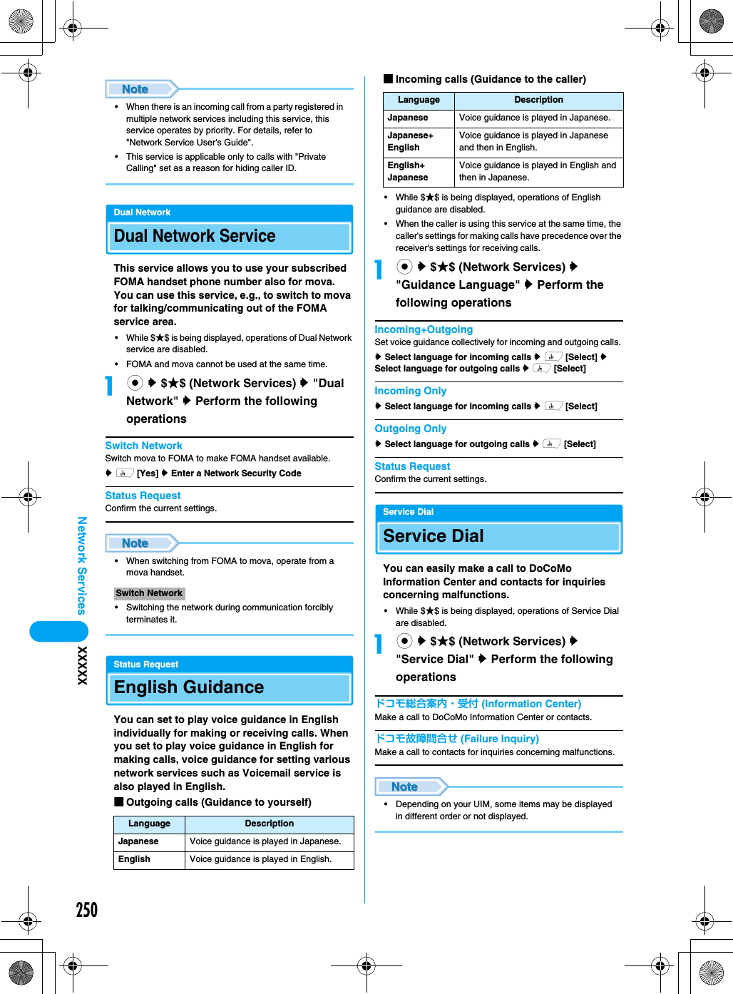 250Network Services XXXXX• When there is an incoming call from a party registered in multiple network services including this service, this service operates by priority. For details, refer to &quot;Network Service User&apos;s Guide&quot;.• This service is applicable only to calls with &quot;Private Calling&quot; set as a reason for hiding caller ID. Dual NetworkDual Network ServiceThis service allows you to use your subscribed FOMA handset phone number also for mova. You can use this service, e.g., to switch to mova for talking/communicating out of the FOMA service area. • While $★$ is being displayed, operations of Dual Network service are disabled. • FOMA and mova cannot be used at the same time.ac y $★$ (Network Services) y &quot;Dual Network&quot; y Perform the following operationsSwitch NetworkSwitch mova to FOMA to make FOMA handset available. y h [Yes] y Enter a Network Security CodeStatus RequestConfirm the current settings. • When switching from FOMA to mova, operate from a mova handset. • Switching the network during communication forcibly terminates it. Status RequestEnglish GuidanceYou can set to play voice guidance in English individually for making or receiving calls. When you set to play voice guidance in English for making calls, voice guidance for setting various network services such as Voicemail service is also played in English. ■Outgoing calls (Guidance to yourself)■Incoming calls (Guidance to the caller)• While $★$ is being displayed, operations of English guidance are disabled. • When the caller is using this service at the same time, the caller&apos;s settings for making calls have precedence over the receiver&apos;s settings for receiving calls. ac y $★$ (Network Services) y &quot;Guidance Language&quot; y Perform the following operationsIncoming+OutgoingSet voice guidance collectively for incoming and outgoing calls. y Select language for incoming calls y h [Select] y Select language for outgoing calls y h [Select]Incoming Onlyy Select language for incoming calls y h [Select]Outgoing Onlyy Select language for outgoing calls y h [Select]Status RequestConfirm the current settings. Service DialService DialYou can easily make a call to DoCoMo Information Center and contacts for inquiries concerning malfunctions. • While $★$ is being displayed, operations of Service Dial are disabled. ac y $★$ (Network Services) y &quot;Service Dial&quot; y Perform the following operationsドコモ総合案内・受付 (Information Center)Make a call to DoCoMo Information Center or contacts.ドコモ故障問合せ (Failure Inquiry)Make a call to contacts for inquiries concerning malfunctions. • Depending on your UIM, some items may be displayed in different order or not displayed. Switch NetworkLanguage DescriptionJapanese Voice guidance is played in Japanese.English Voice guidance is played in English.Language DescriptionJapanese Voice guidance is played in Japanese.Japanese+ EnglishVoice guidance is played in Japanese and then in English.English+ JapaneseVoice guidance is played in English and then in Japanese.